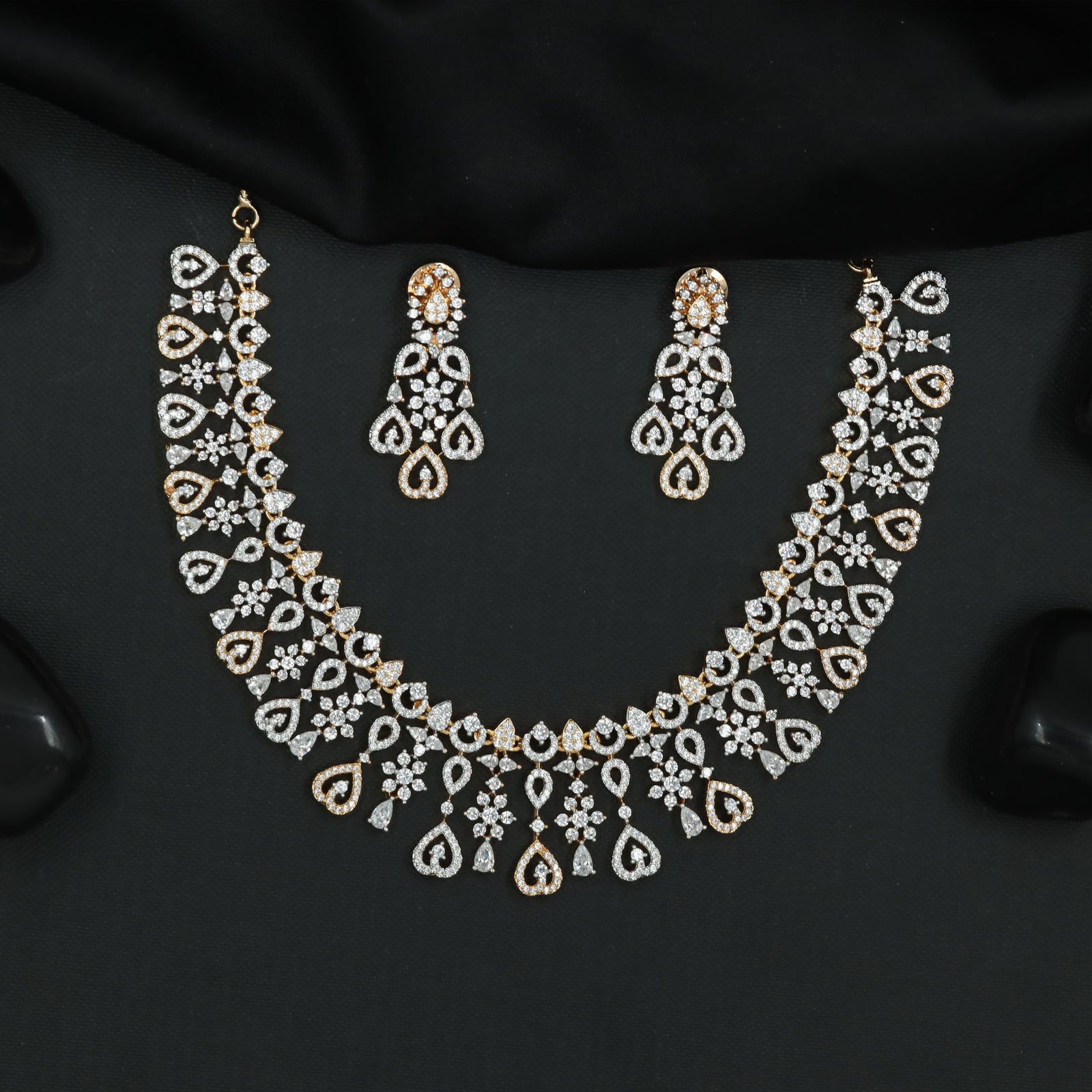Two Tone Heart Frame Necklace Set with Floral Cluster Fringe