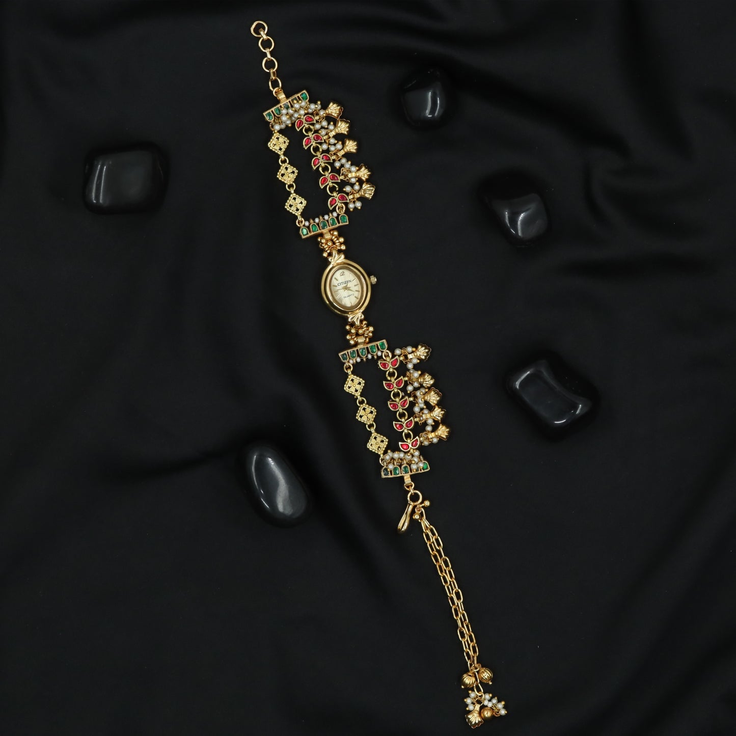 Beaded Leaf Cluster Watch with Decorative Floral Panels and Linked Square Motifs