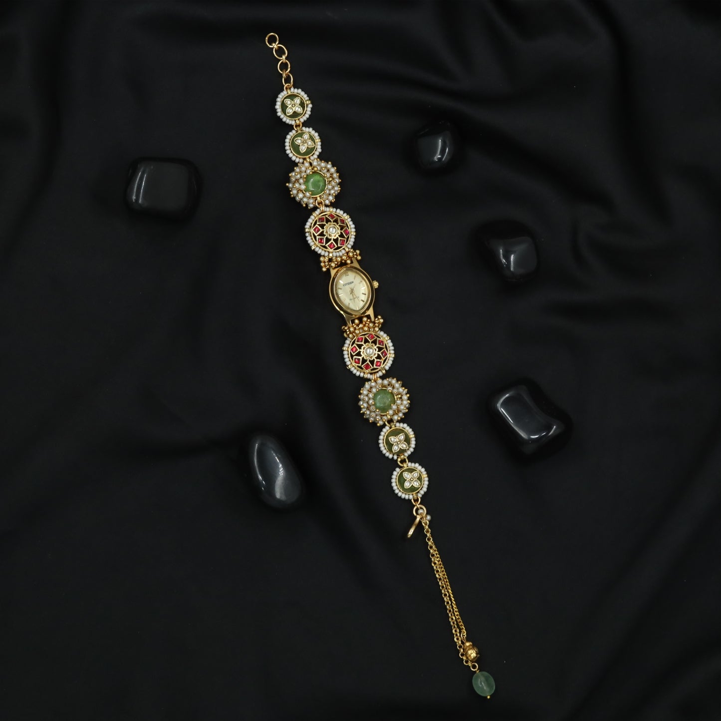 Beaded Circular Panel Watch with Floral Medallion Links and Dangling Chain Accent