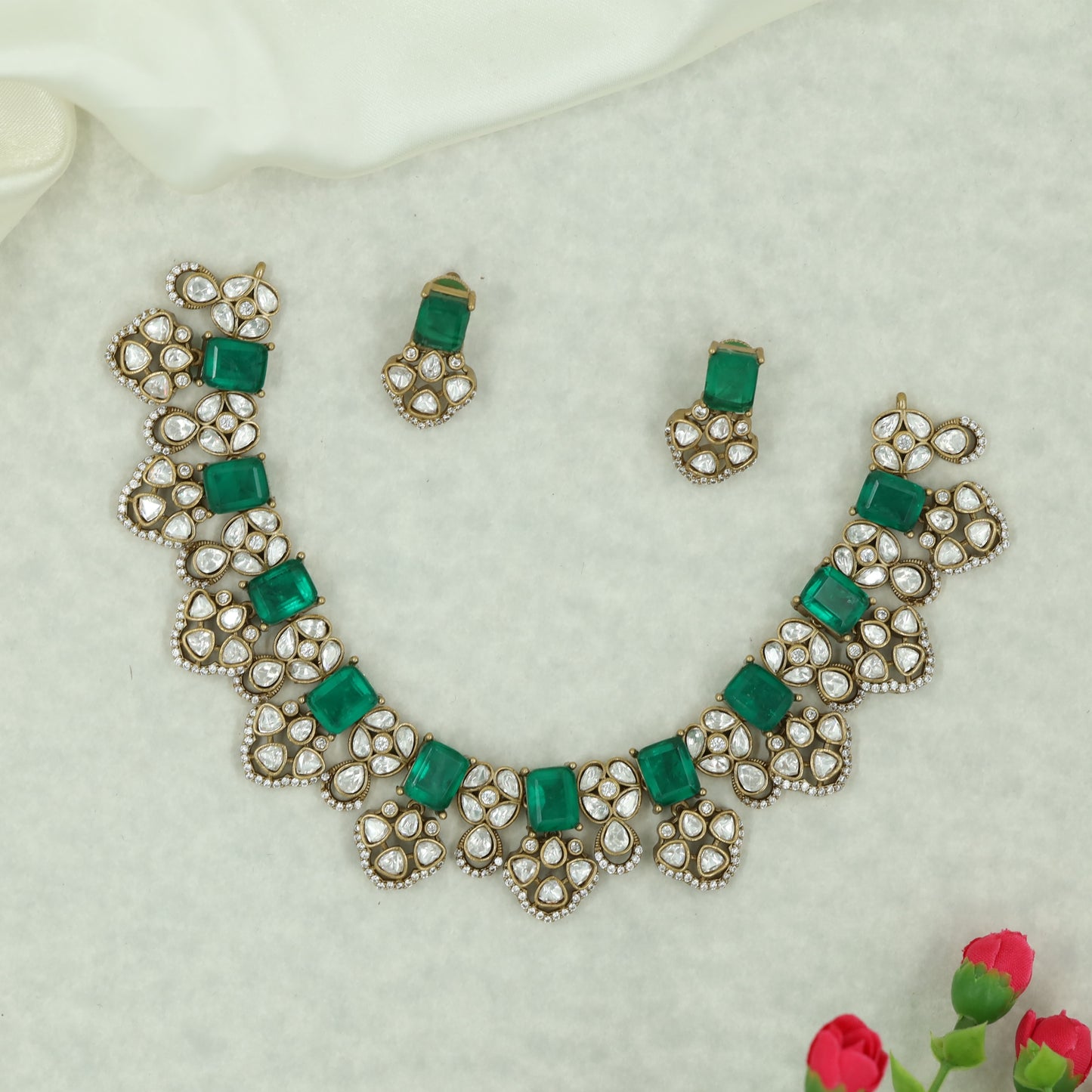 Bridal Victorian Necklace Set with Repeating Teardrop Clusters and Structured Centre Panels