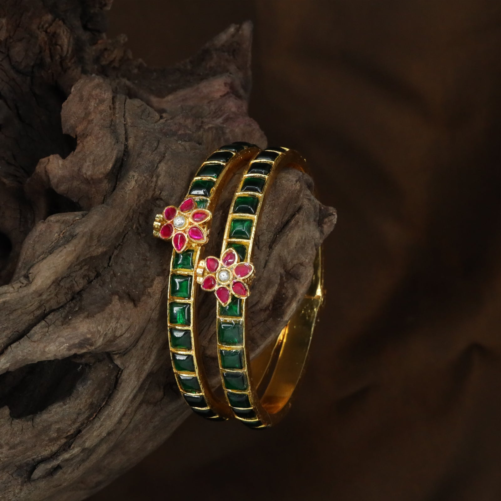 Floral Centre Motif Jadau Bangles with Rectangular Stone Channel Pattern