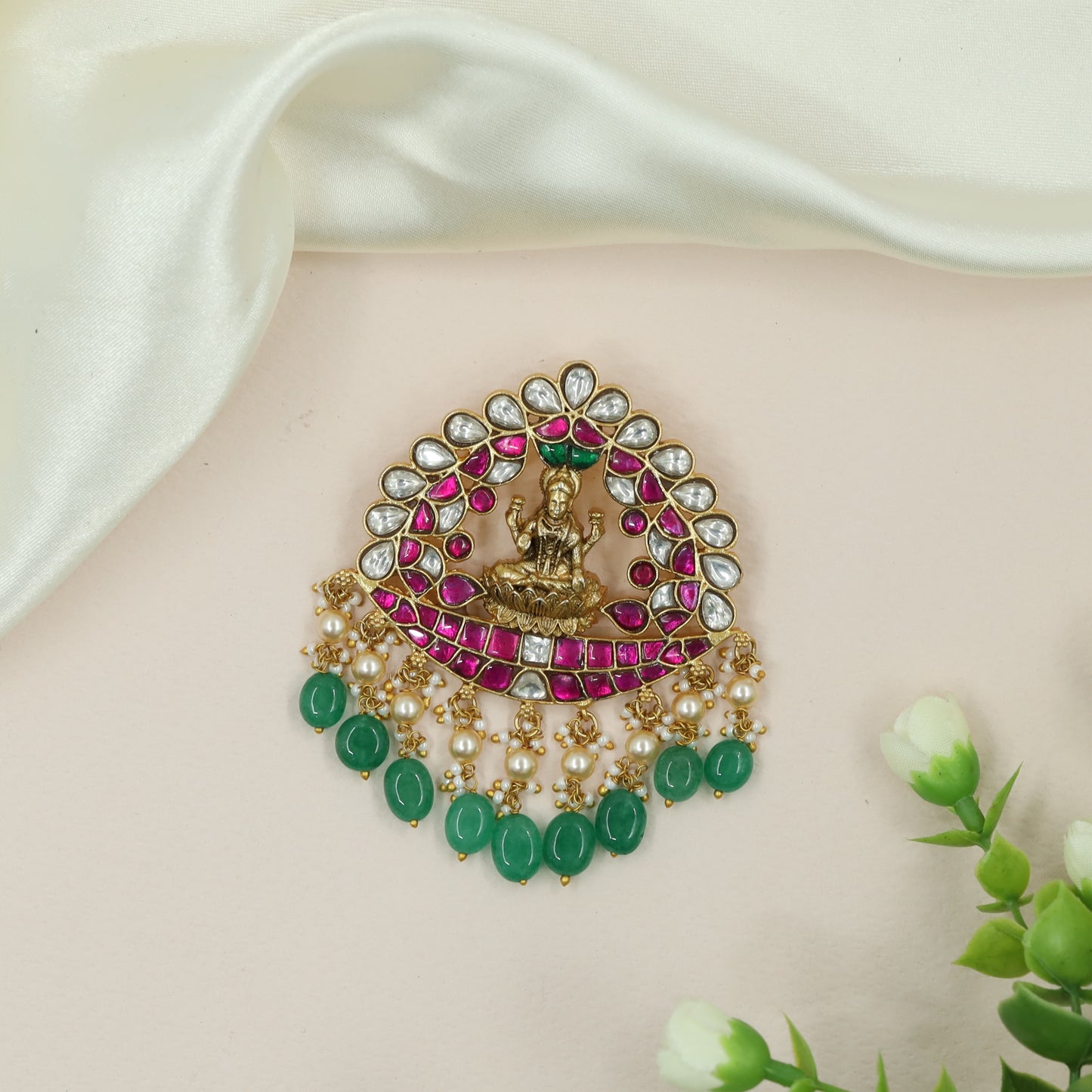 Lakshmi Idol Jadau Pendant with Arched Stone Frame and Drop Fringe