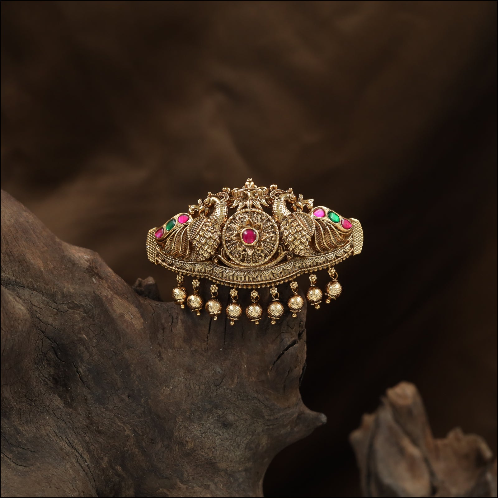 Imperial Twin Peacock Crest Hair Clip with Ornate Circular Medallion and Dangling Bead Fringe