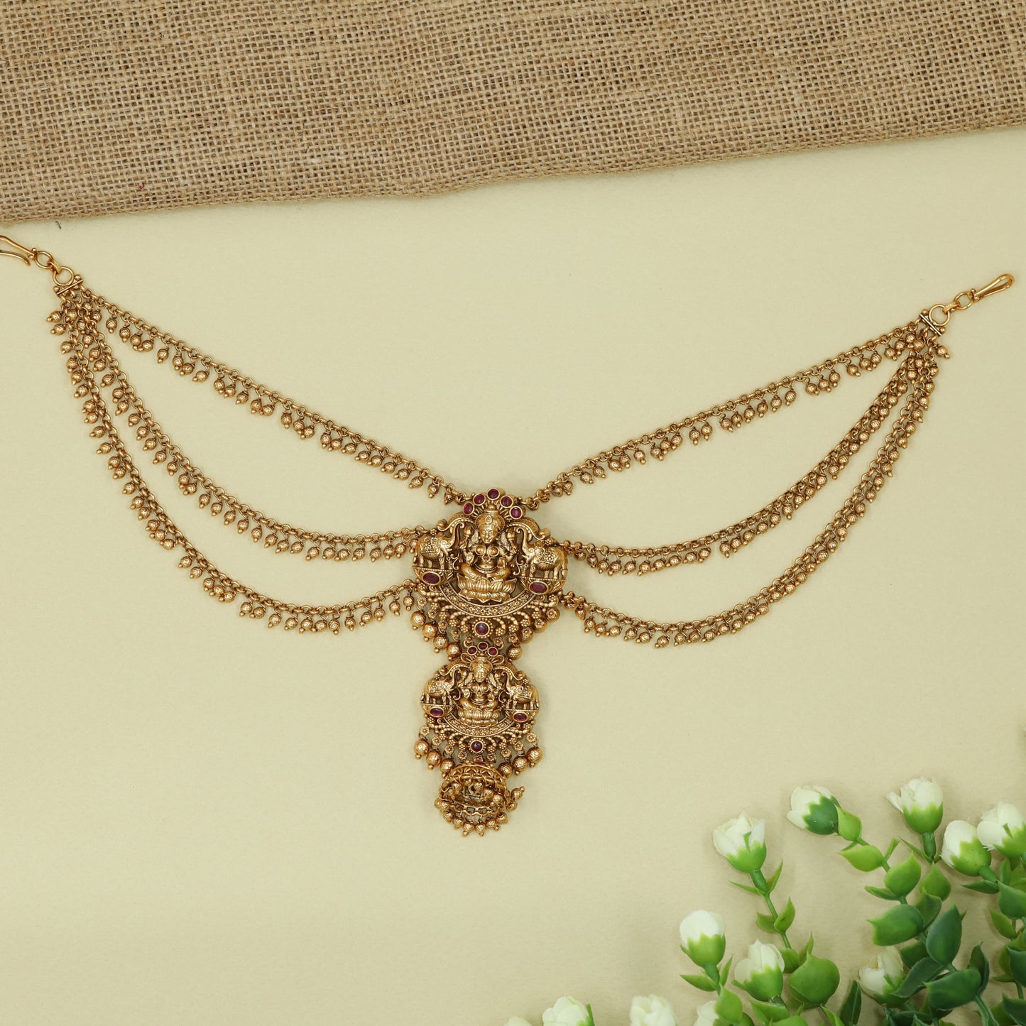 Divine Temple Lakshmi Jade Bille with Flowing Mati Chain Drapes and Pendant Layers