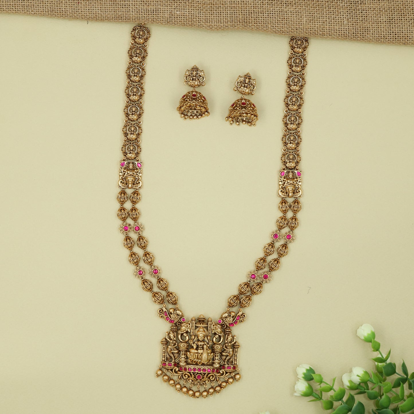 Exquisite Lakshmi Shrine Long Haara with Heritage Motif Links and Pendant Drop