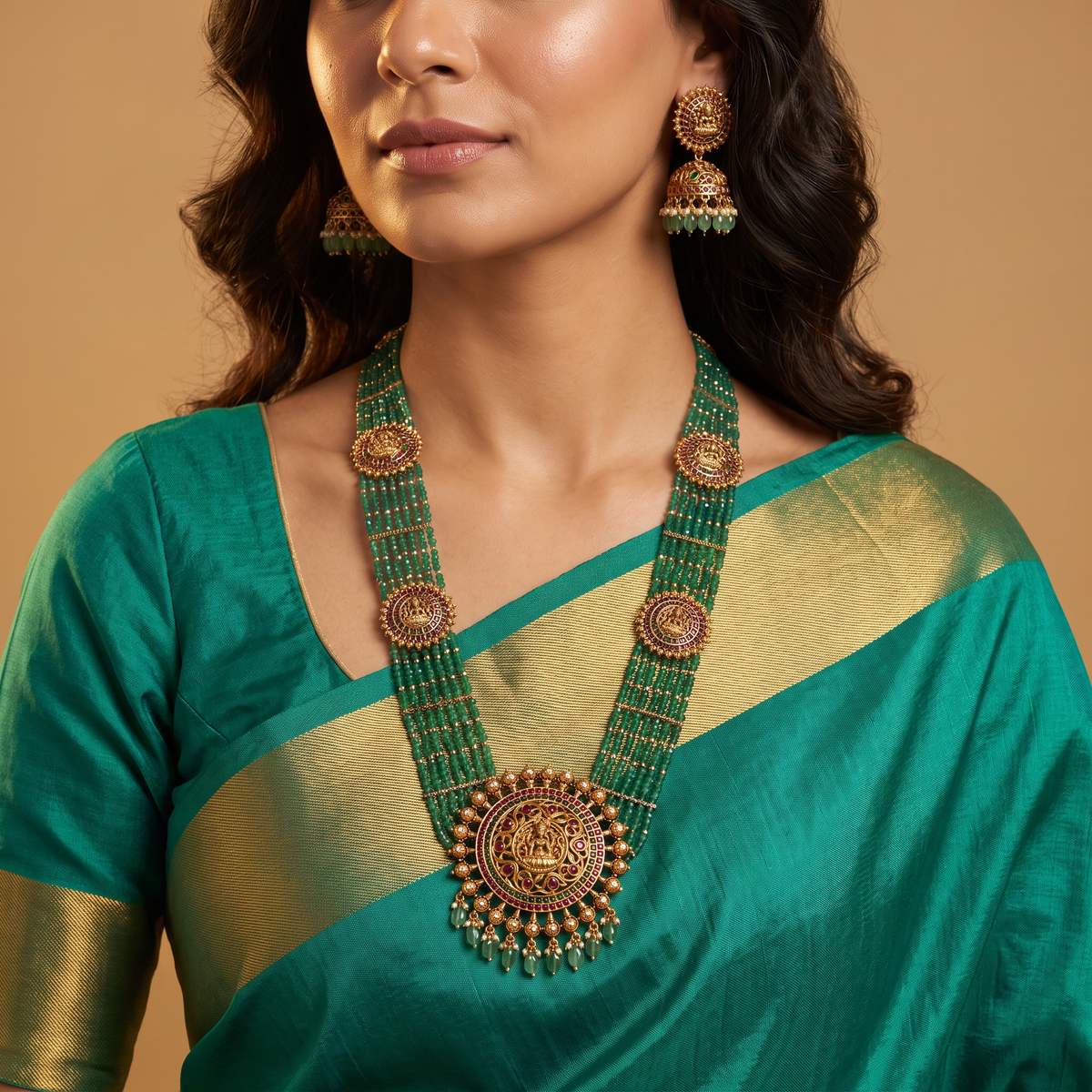 Graceful Multi Strand Beaded Long Haara with Circular Motif Connectors