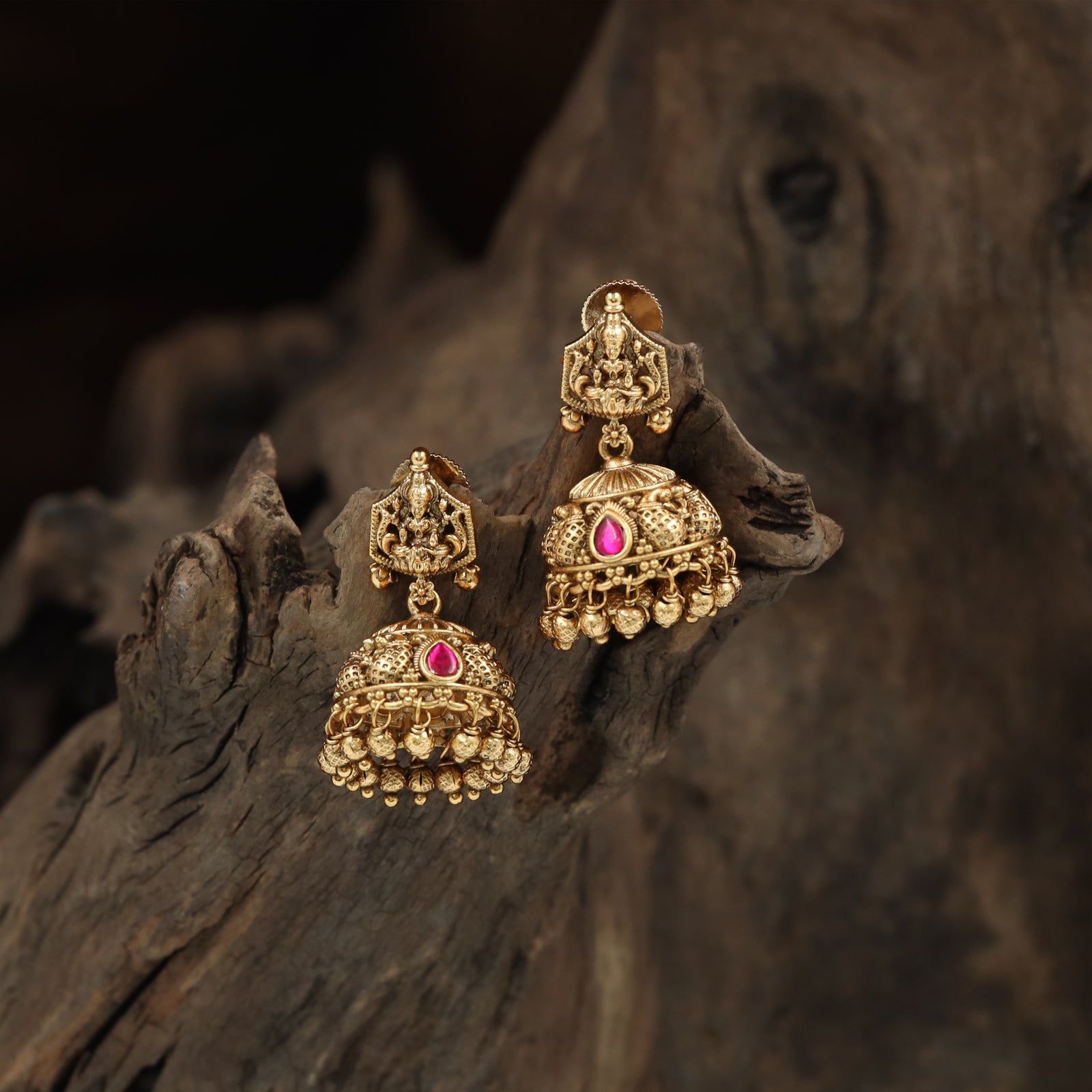 Grand Heritage Jhumka Earrings with Lakshmi Panel and Bell Drops
