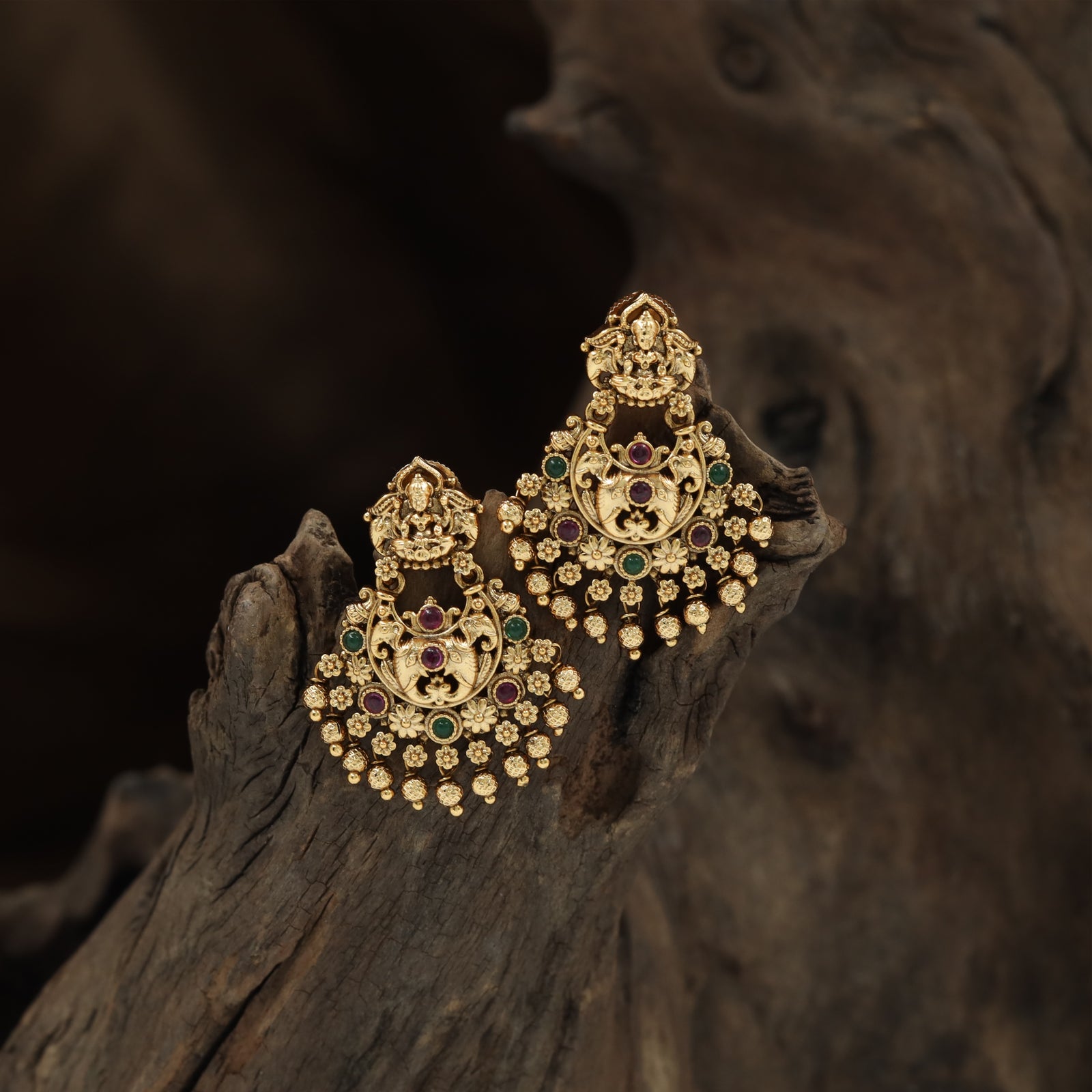 Traditional Lakshmi Motif Hanging Earrings with Detailed Floral Fringe