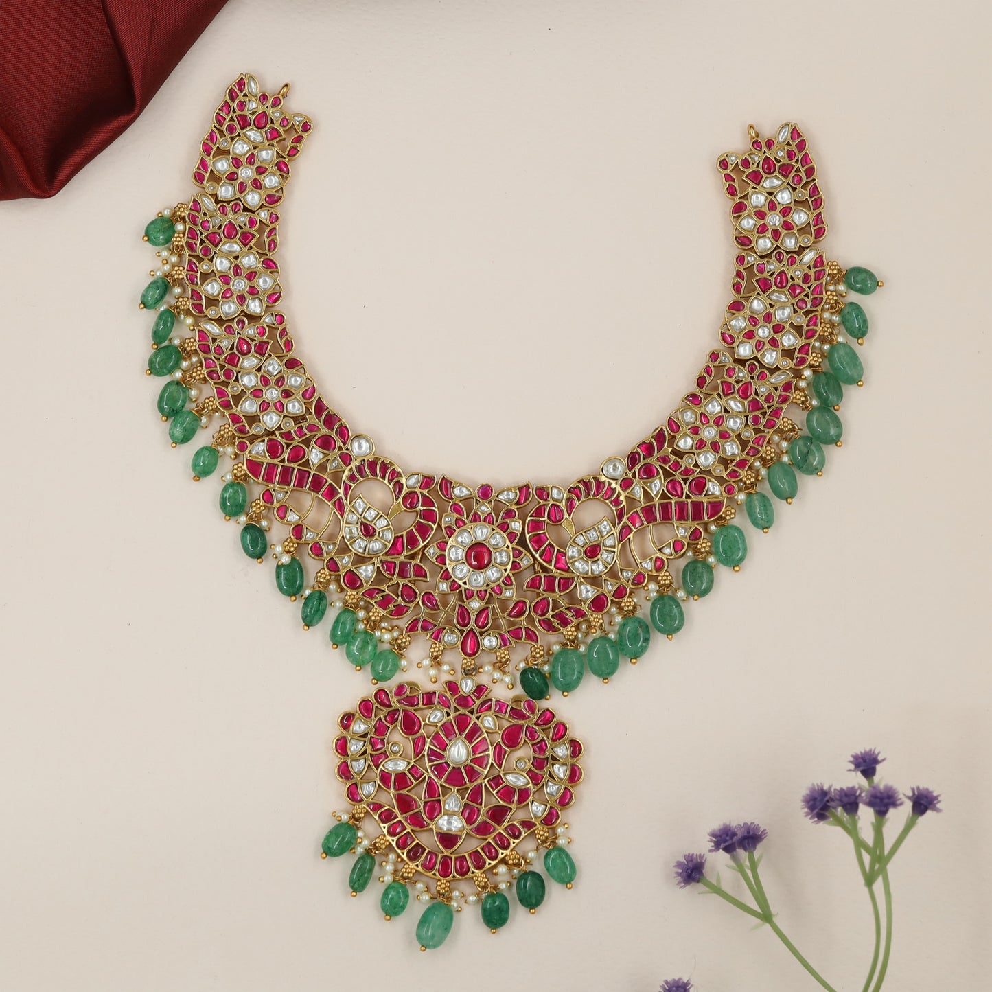 Graceful Peacock Motif Jadau Necklace with Statement Heart Shape Pendant
