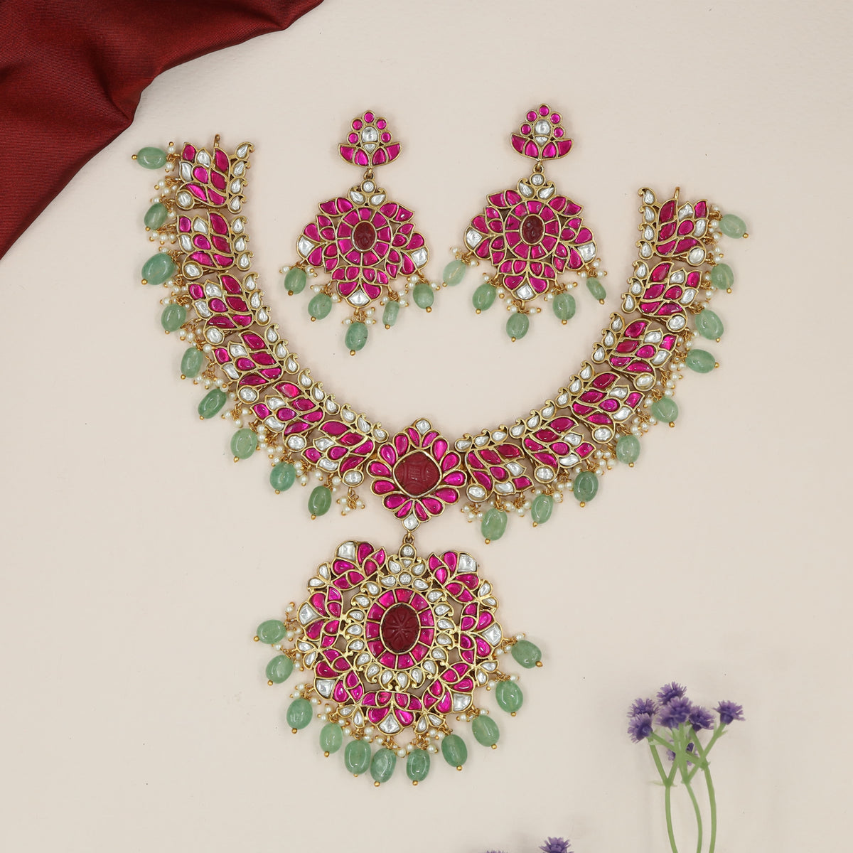 Radiating Petal Motif Jadau Necklace with Layered Floral Sections