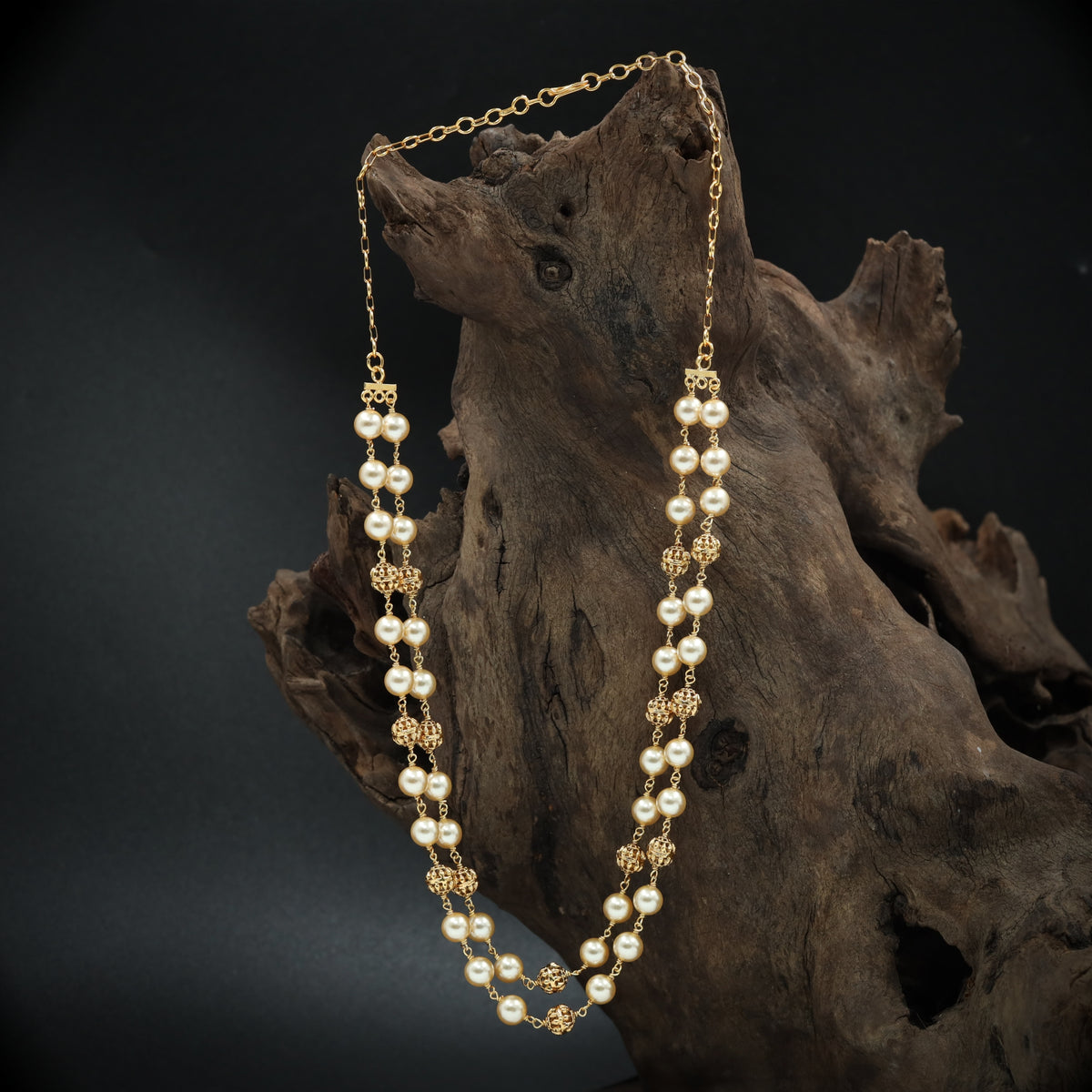 Double Strand Beads Chain with Pearl Clusters and Filigree Accents