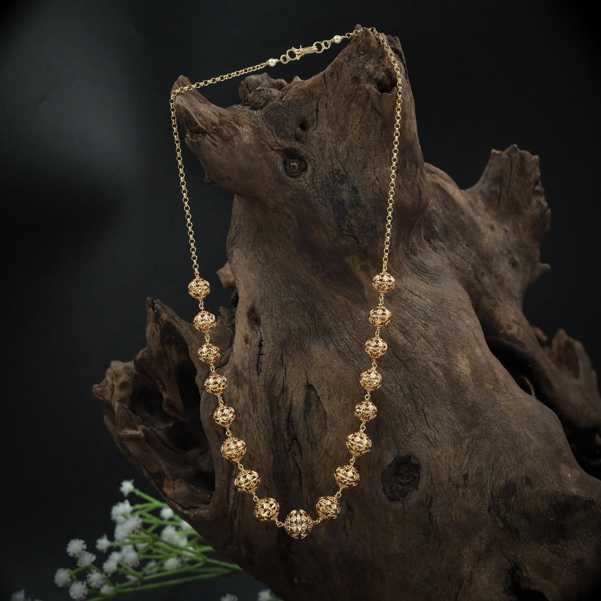 Textured Gold Beads Chain with Filigree Ball Detailing