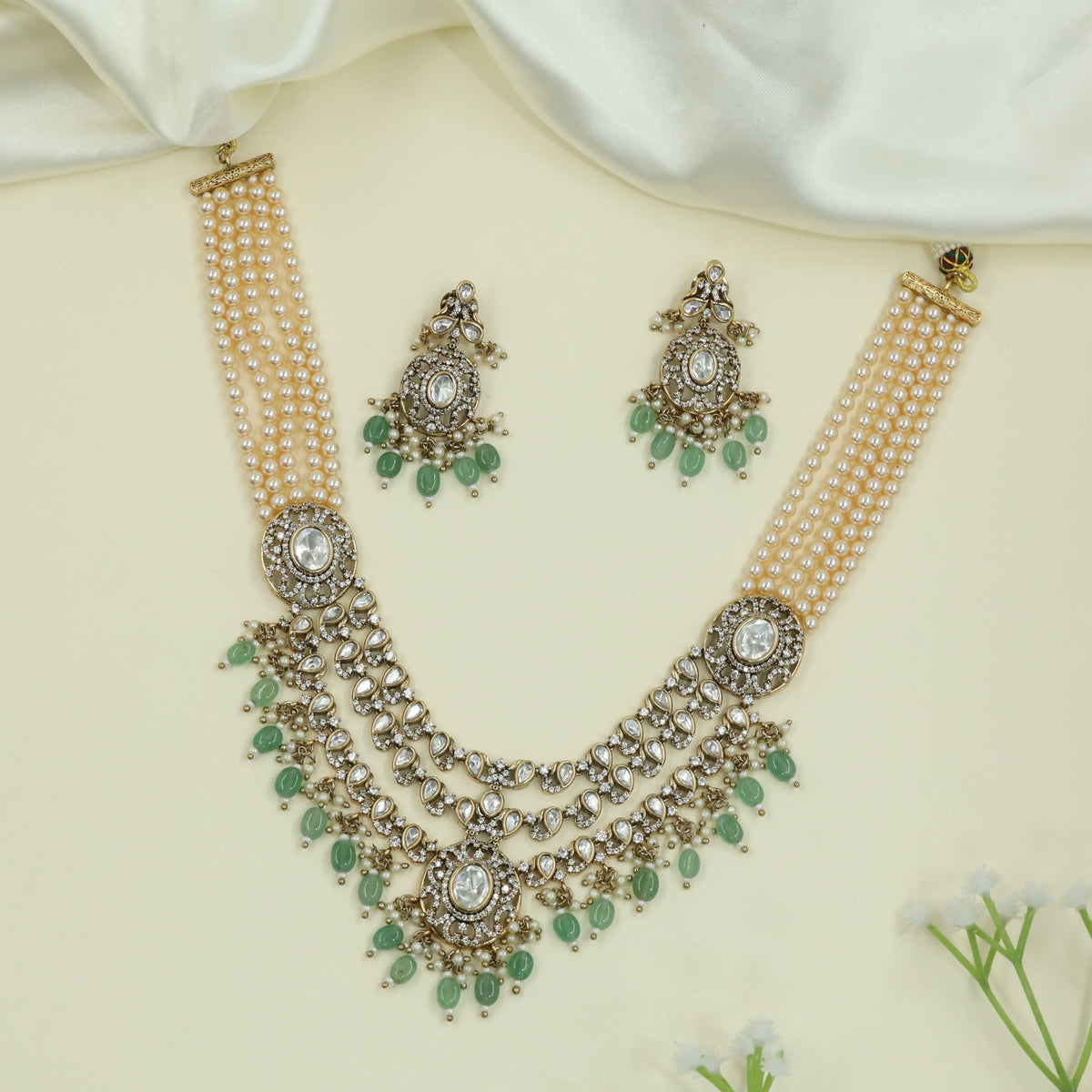 Draped Multi Strand Necklace with Central Kundan Layers and Hanging Drop Accents