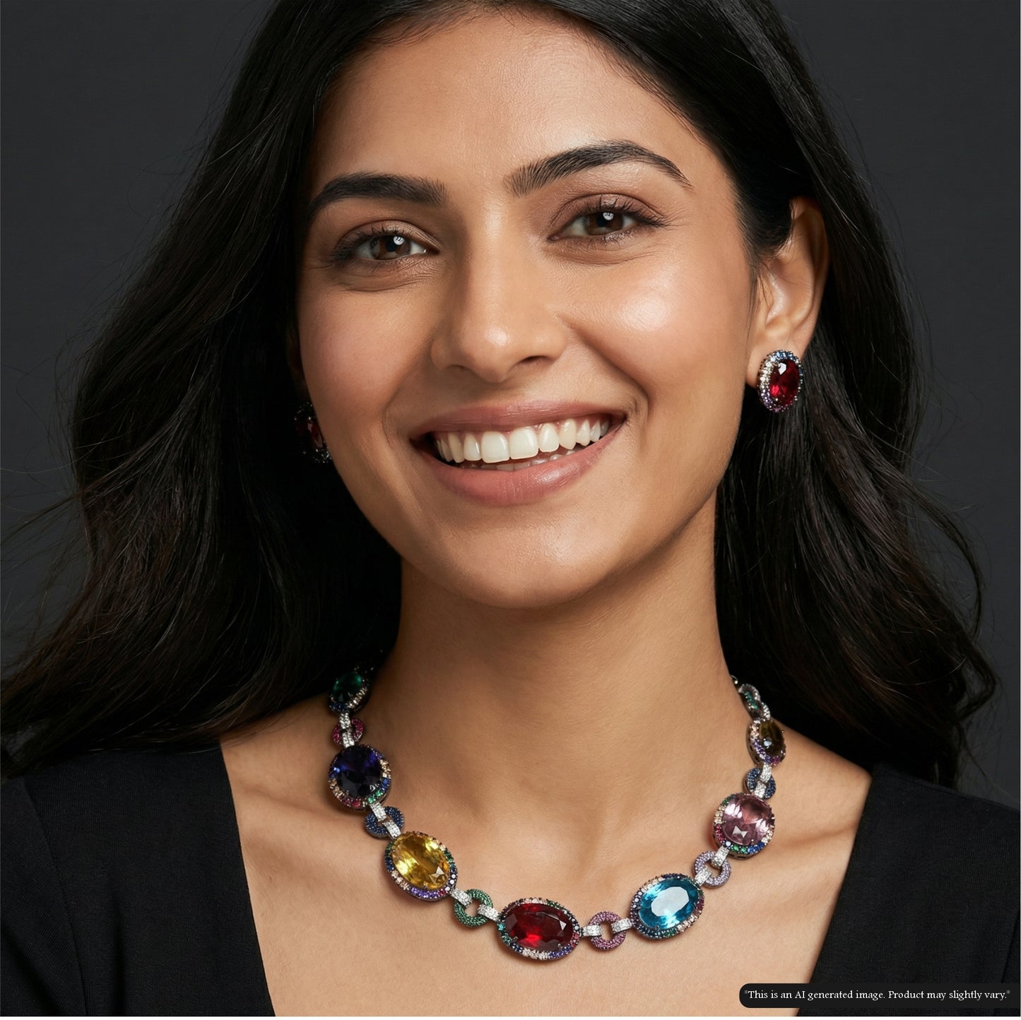 Flowing Oval Crystal Necklace with Multicolor Frames and Smooth Link Pattern