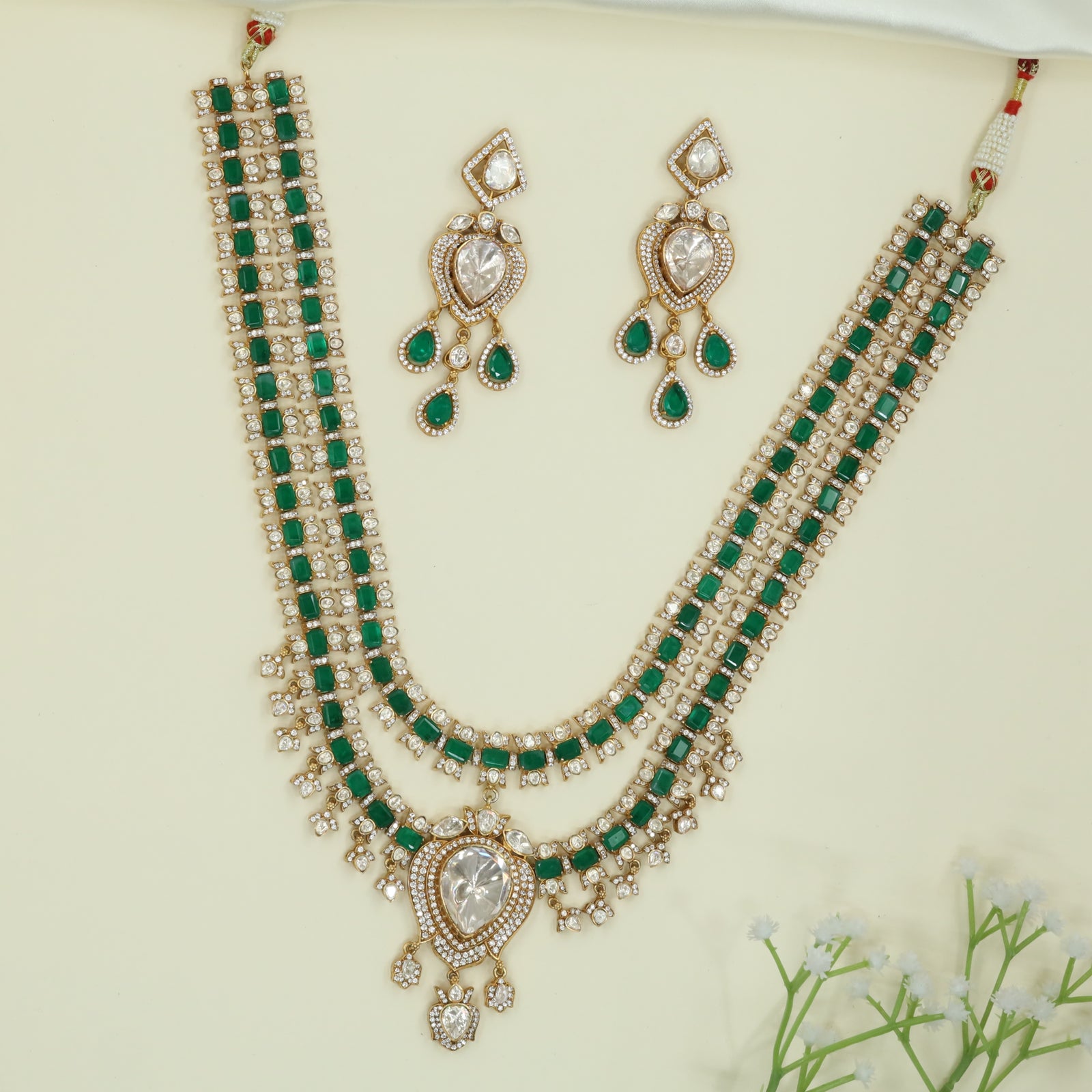 Grid Pattern Long Haara with Double Row Layout and Heart Drop Pendant