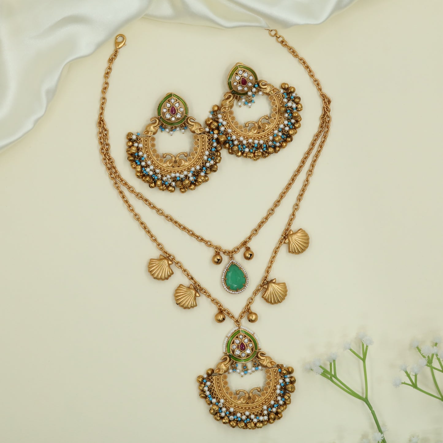 Textured Double Chain Matt Necklace with Shell Charms and Pendant Drop