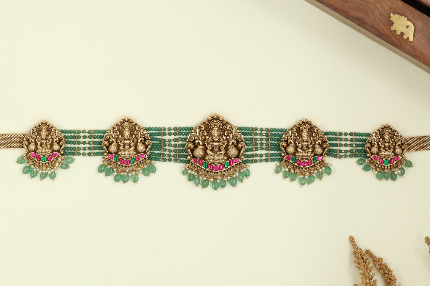Curved Lakshmi Peacock Antique Waist Belt with Multi Strand Bead Base and Drop Fringe