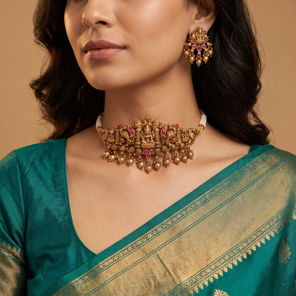 Majestic Lakshmi Antique Choker with Temple Pillar Panels and Drop Danglers