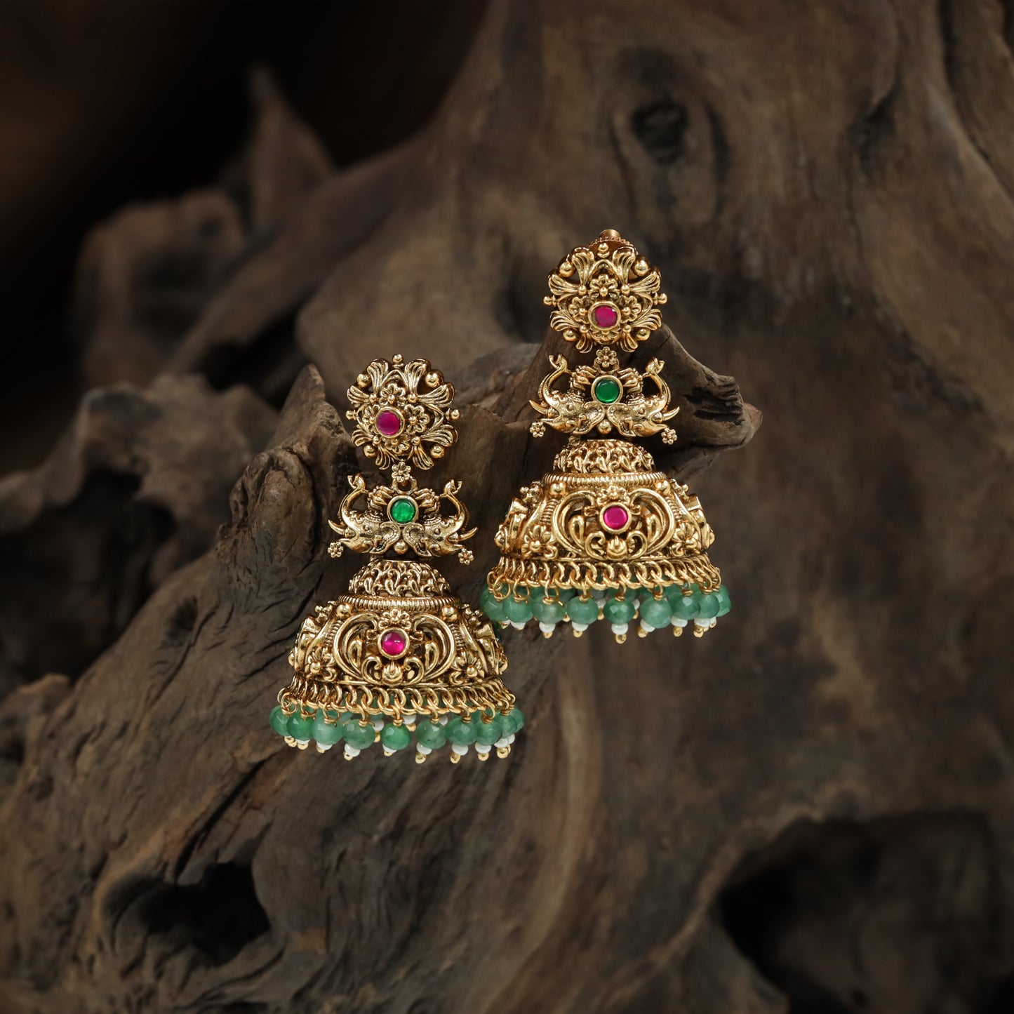 Radiating Floral Elephant Antique Jumka with Layered Dome and Drop Danglers