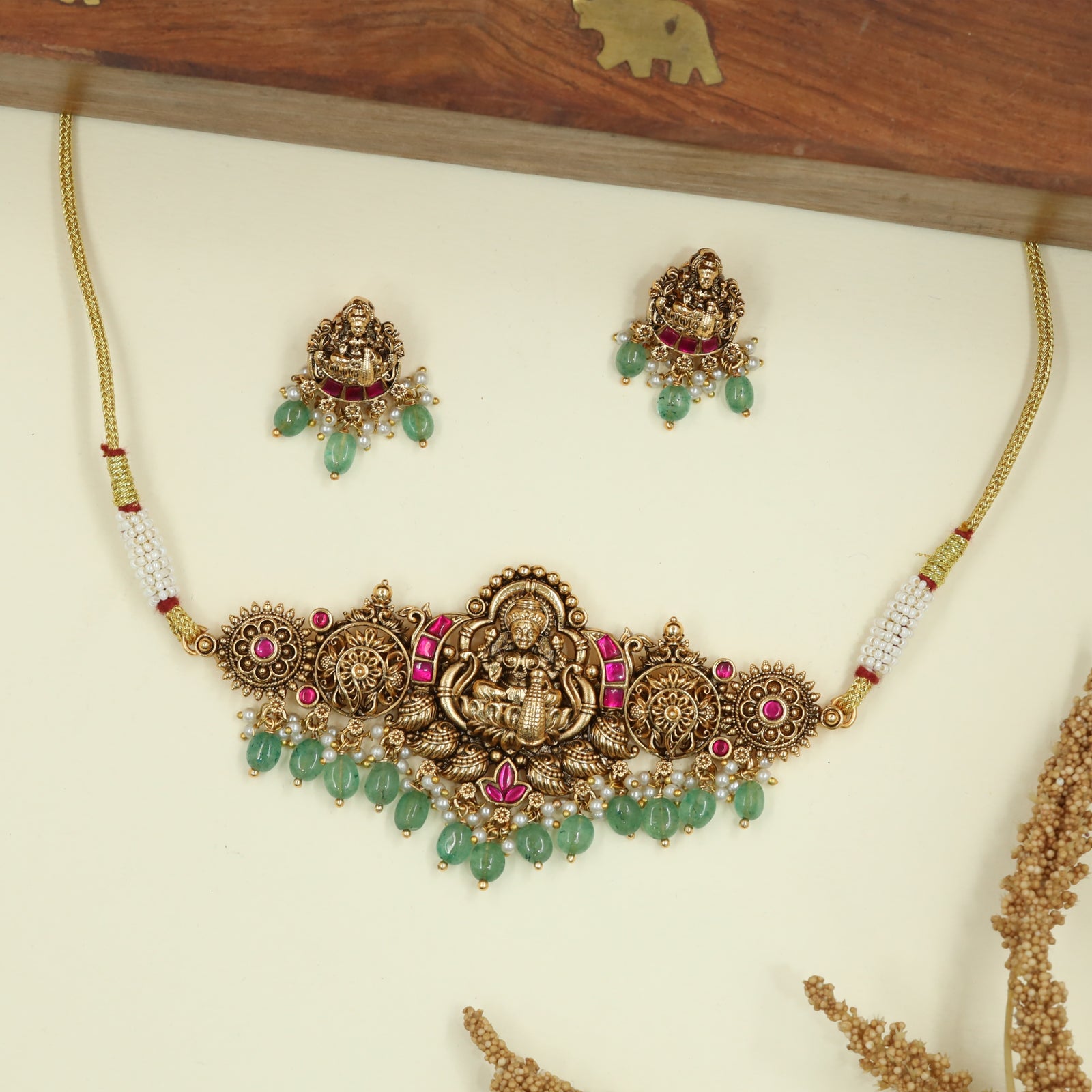 Crowned Lakshmi Temple Antique Choker with Circular Side Medallions and Drop Danglers