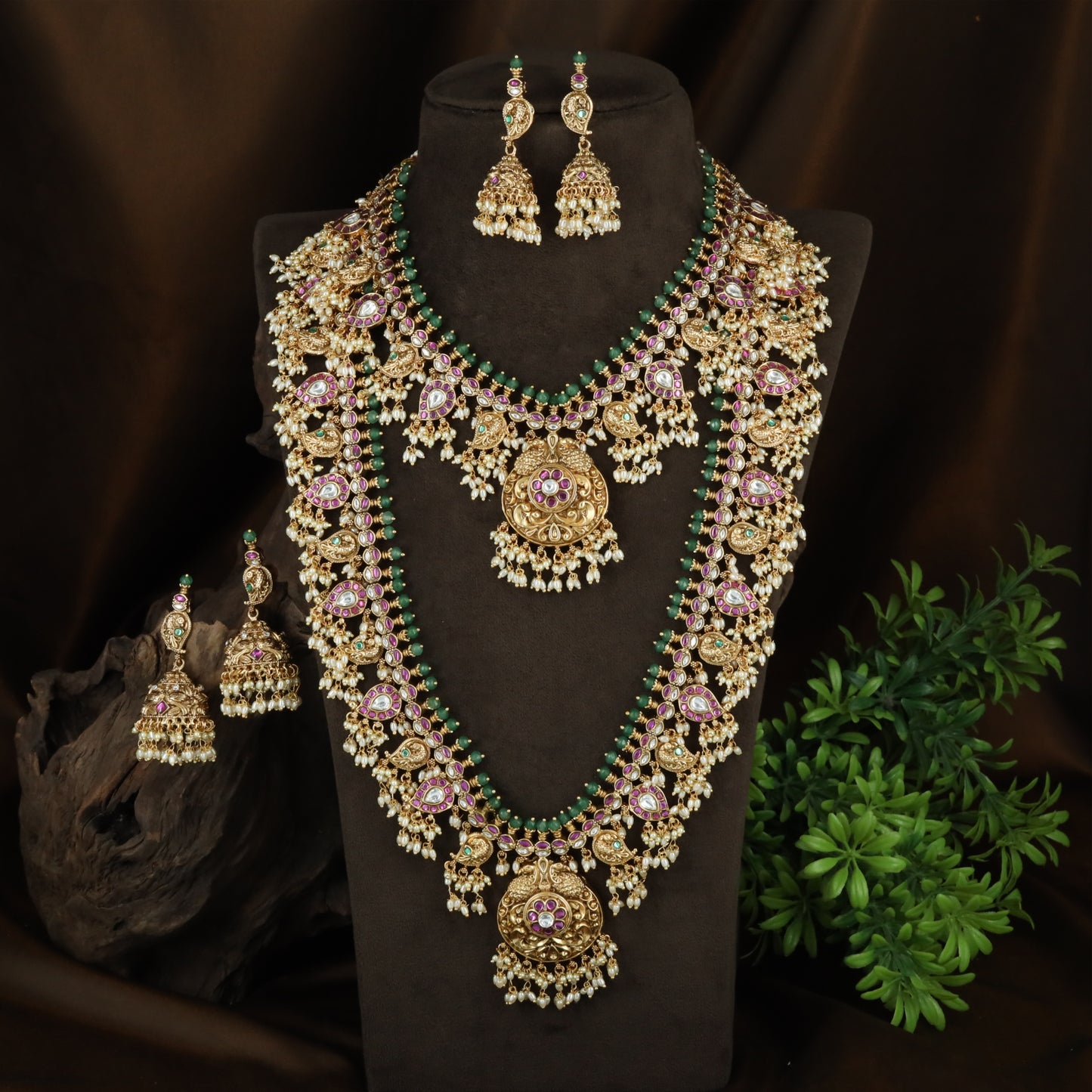 Grand Peacock Motif Antique Necklace Combo Set with Repeating Clusters and Drops