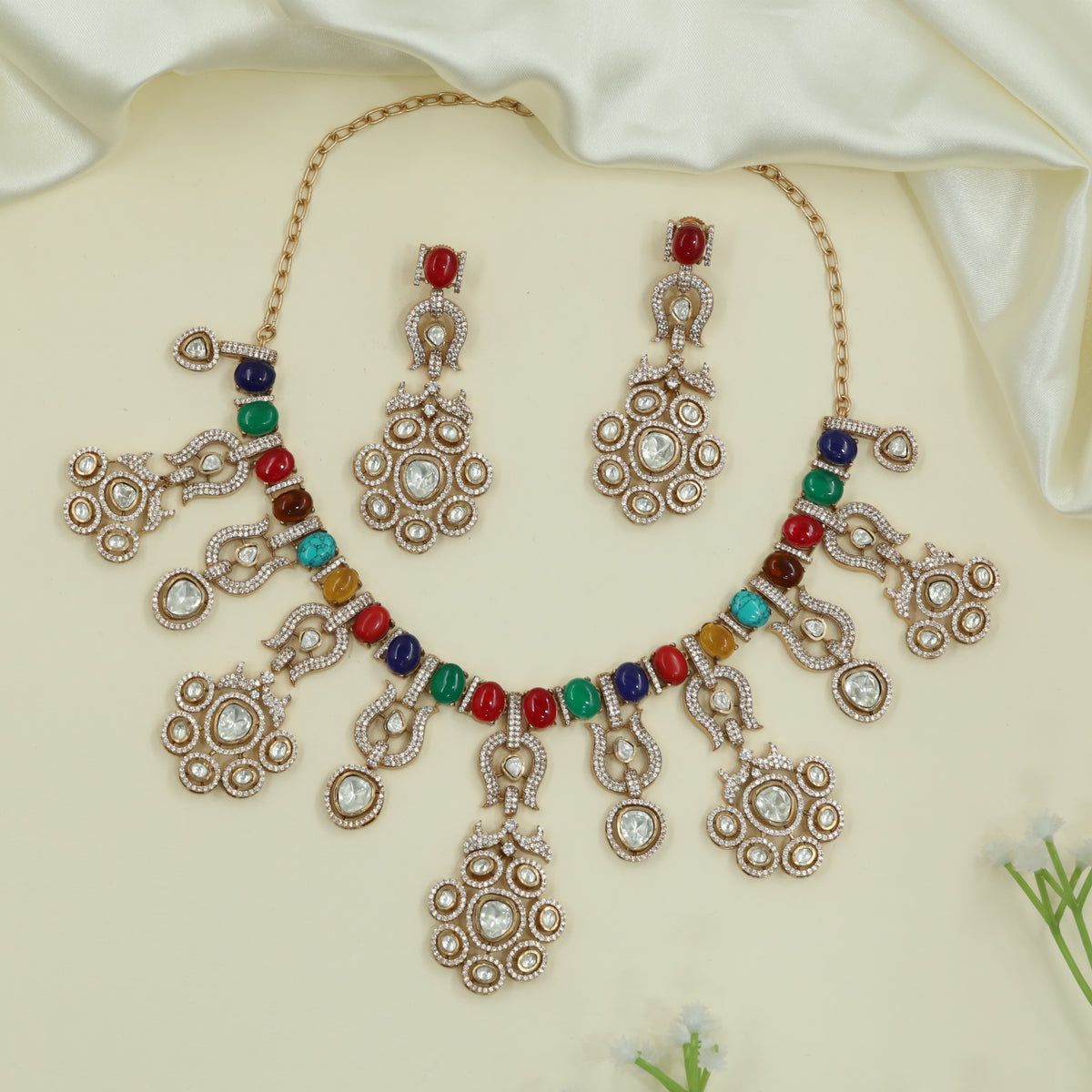 Opulent Bead Line Gold Necklace with Circular Drop Clusters and Hangings