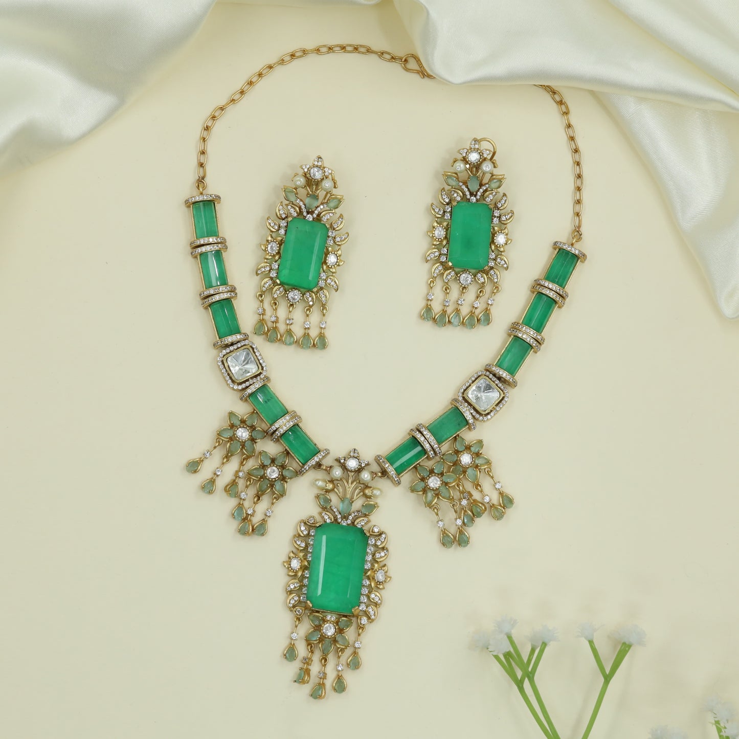 Gilded Bar Link Gold Necklace with Framed Segments and Drop Elements