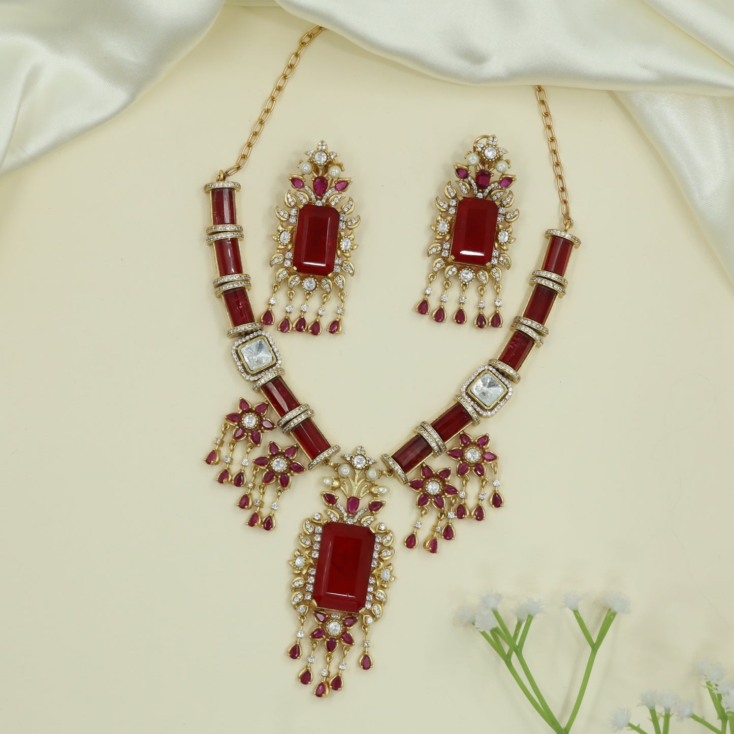 Gilded Bar Link Gold Necklace with Framed Segments and Drop Elements