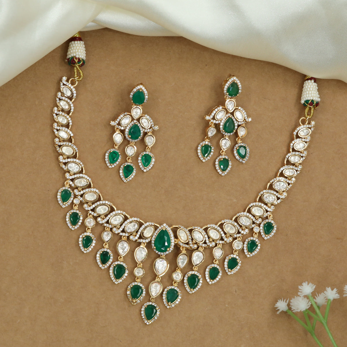 Flowing Link Kundan Necklace with Teardrop Frames and Hanging Drop Layers