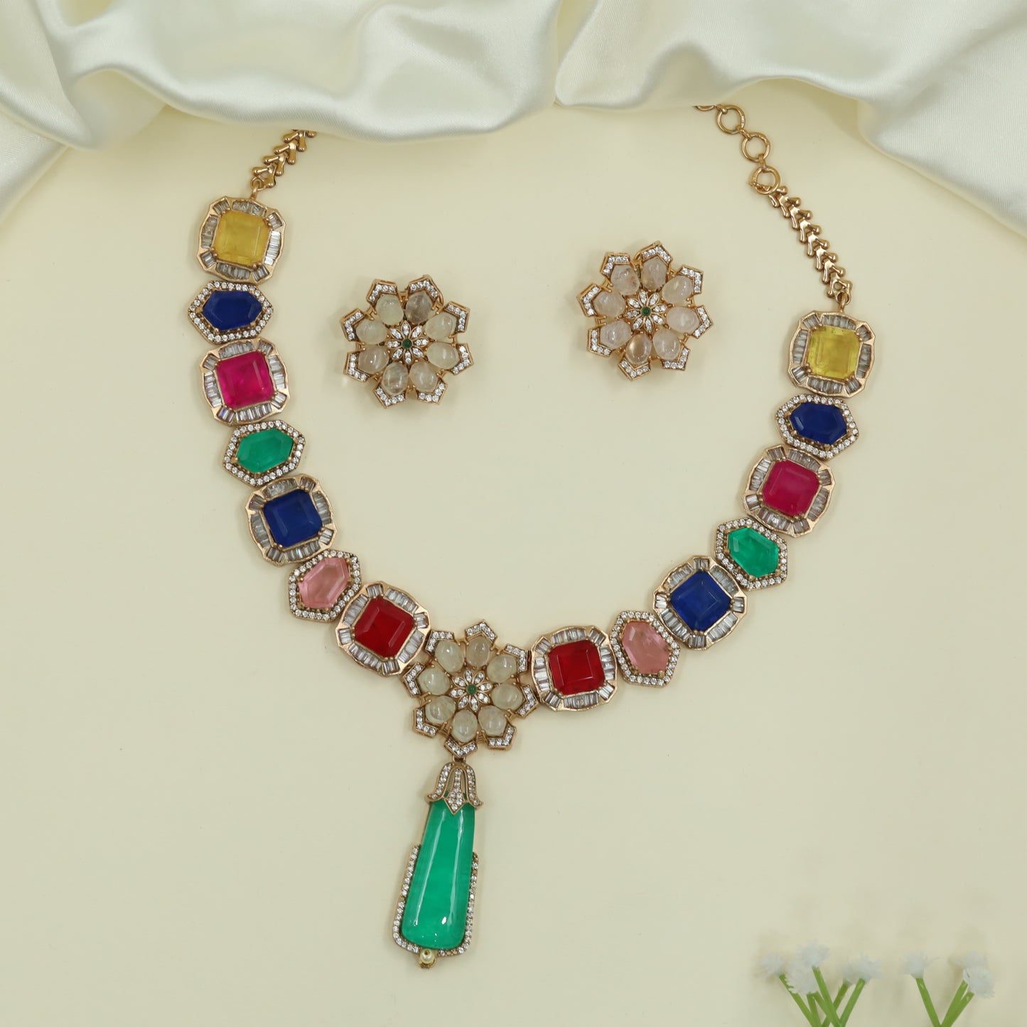 Apex Grid Link Gold Necklace with Floral Centre Cluster and Long Drop Pendant