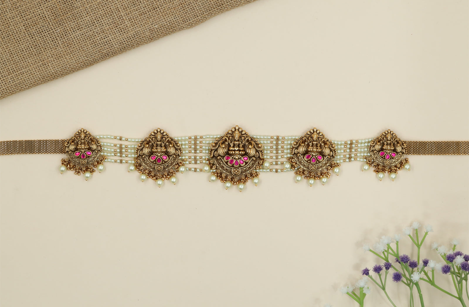 Radiating Lakshmi Panel Waist Belt with Multi Strand Bead Rows and Drop Fringe