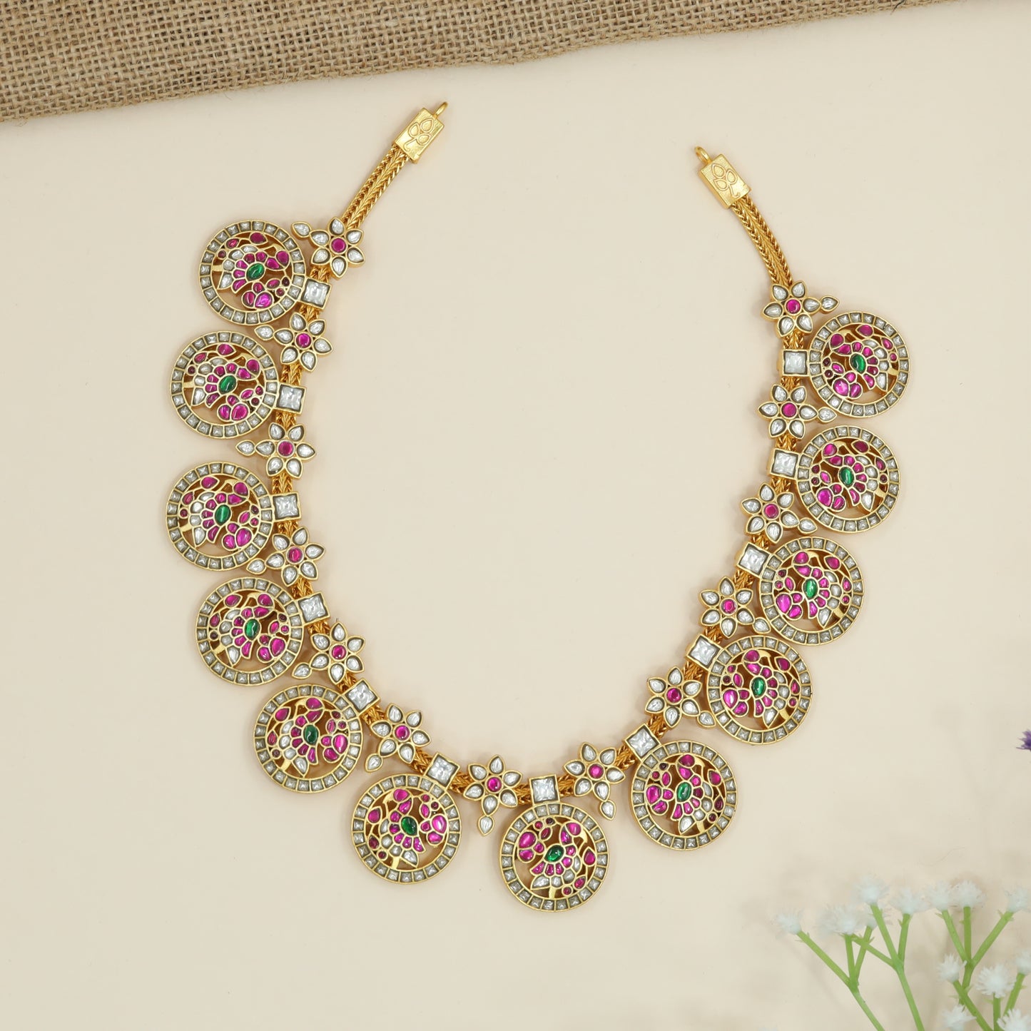 Circular Disc Panel Jadau Necklace with Alternating Square Links and Floral Inlay