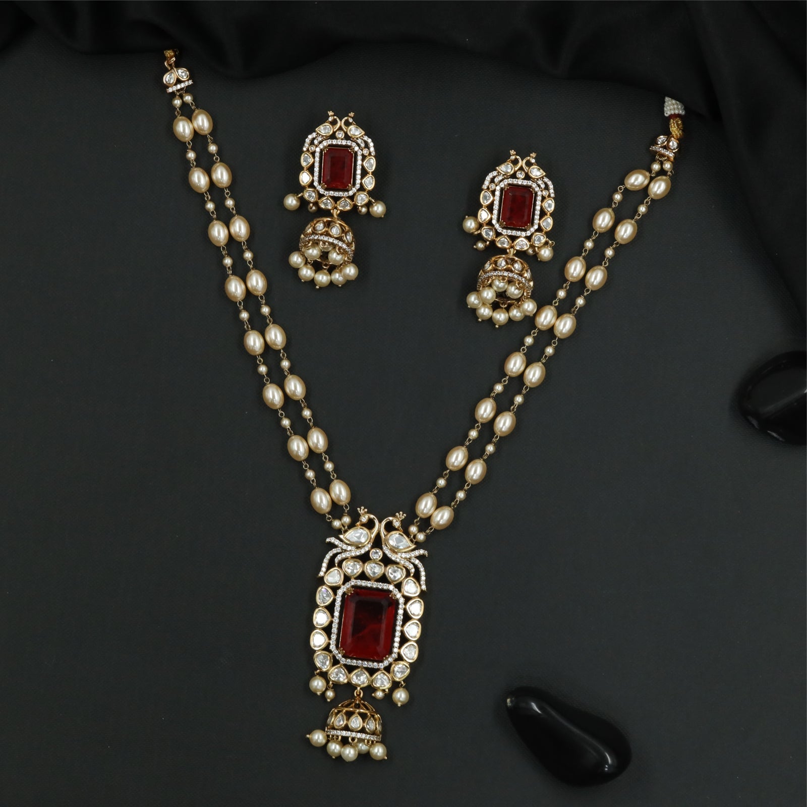 Artisan Dual Chain Kundan Pearl Necklace with Peacock Motif and Rectangular Pendant
