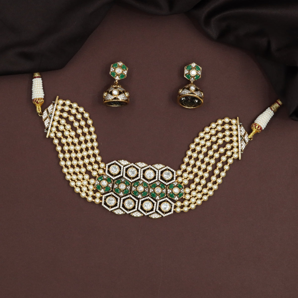 Hexagon Panel Kundan Pearl Choker with Multi Strand Bead Rows and Structured Centre