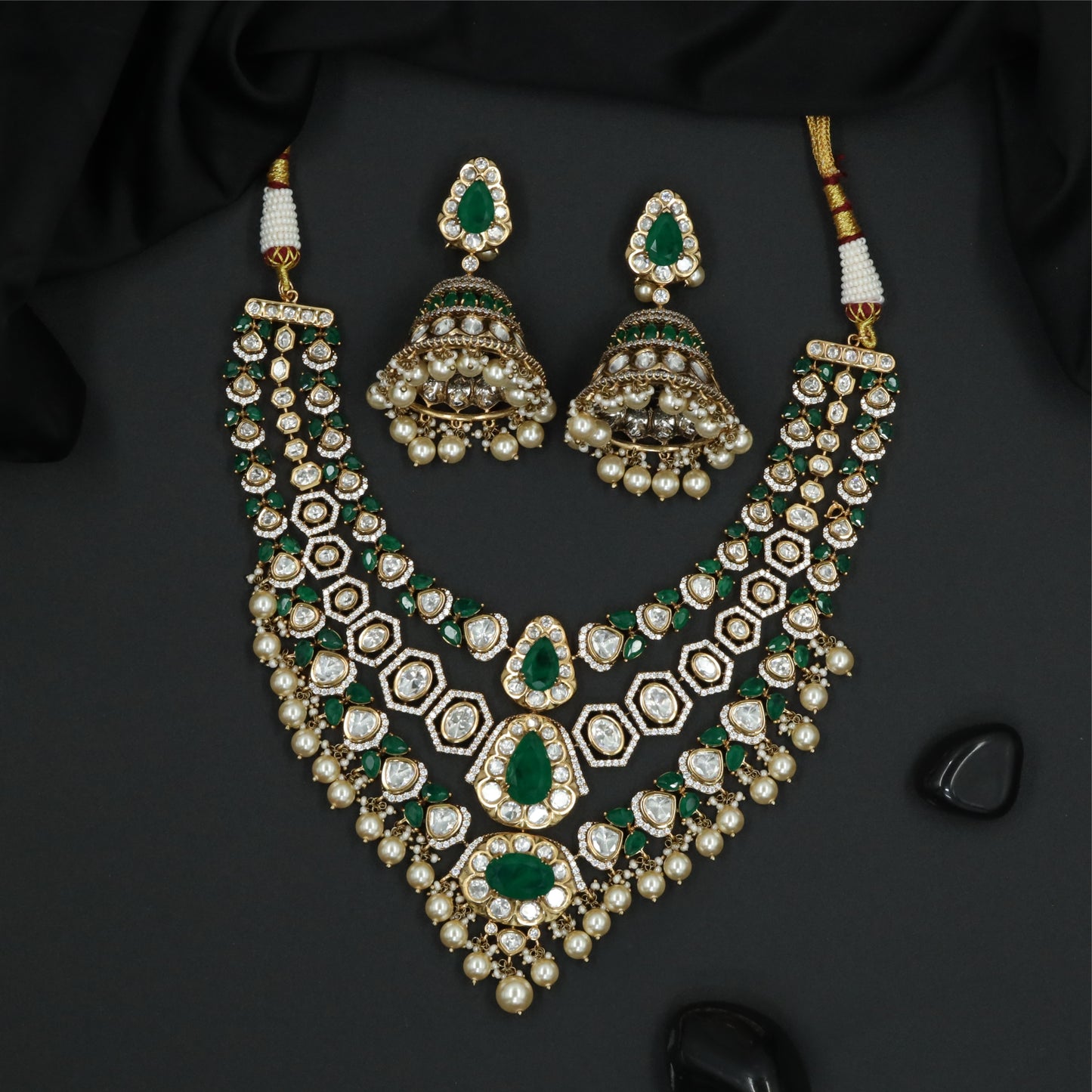 Angular Hexagon Link Kundan Necklace with Dual Rows and Pearl Danglers
