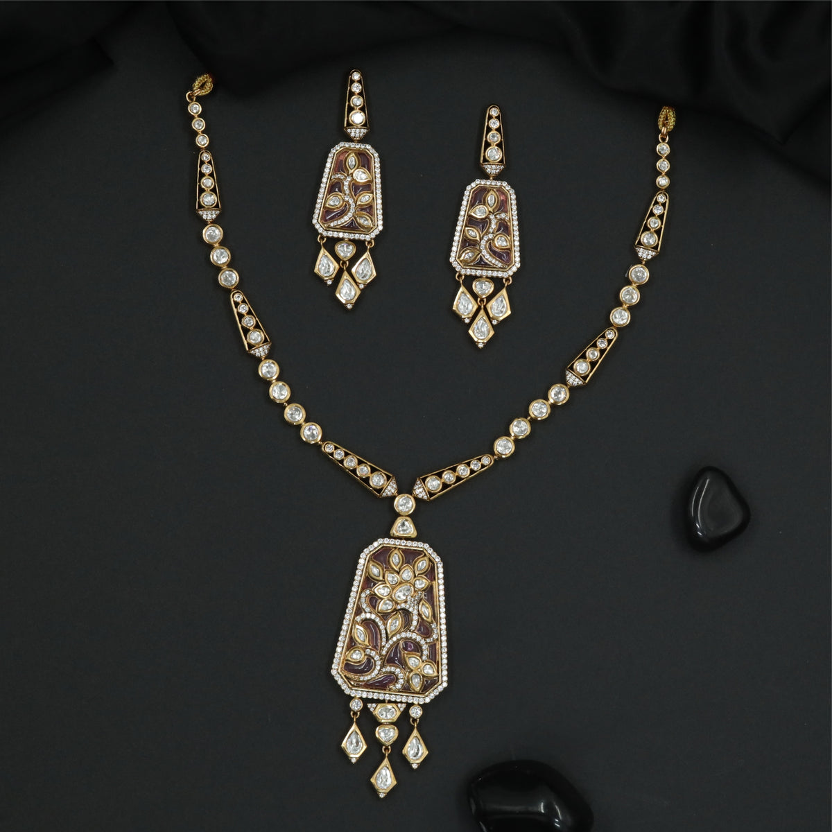 Beaded Linear Frame Kundan Necklace with Extended Pendant Panel and Dangling Drops