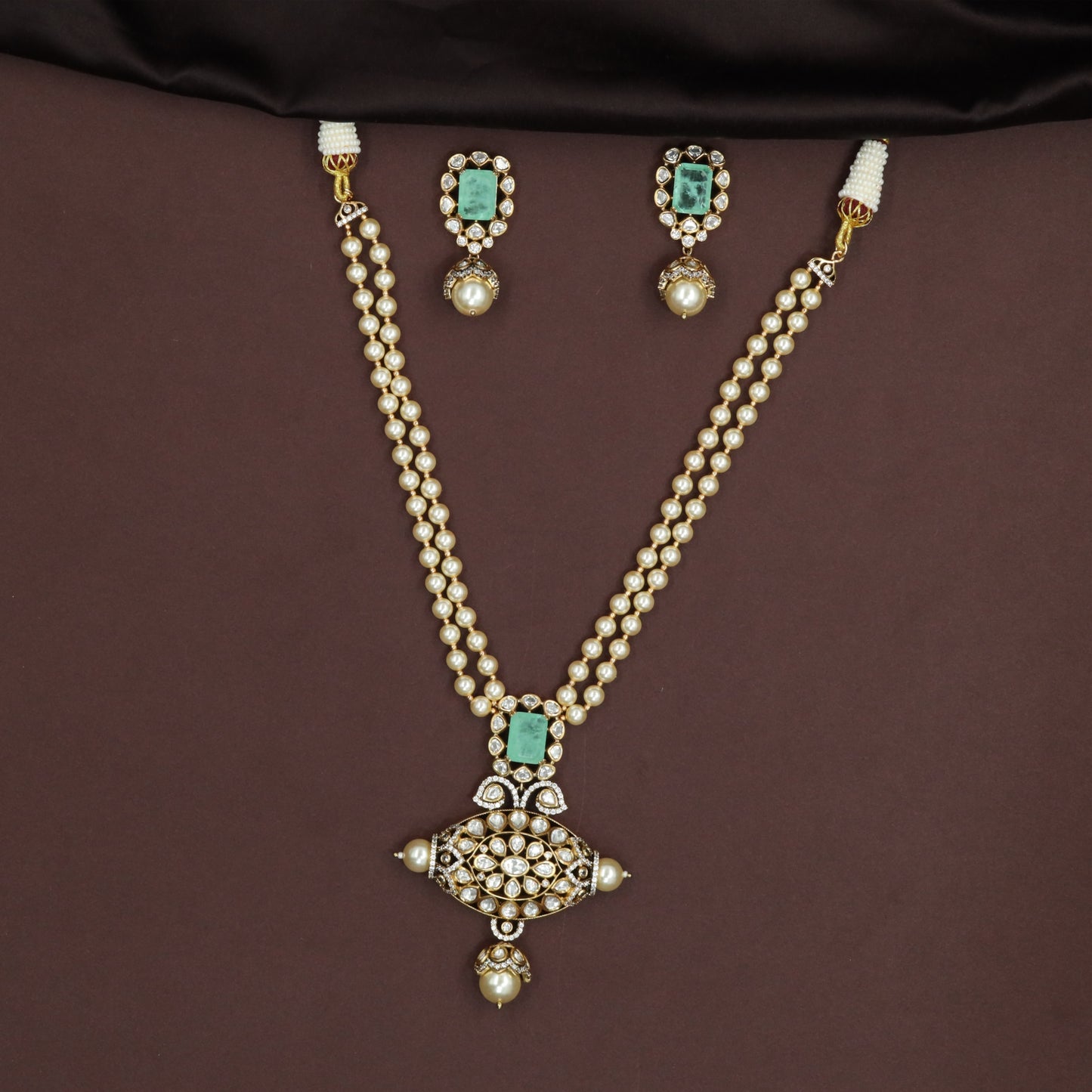 Dual Strand Kundan Pearl Necklace with Oval Centre Pendant and Drop Bead