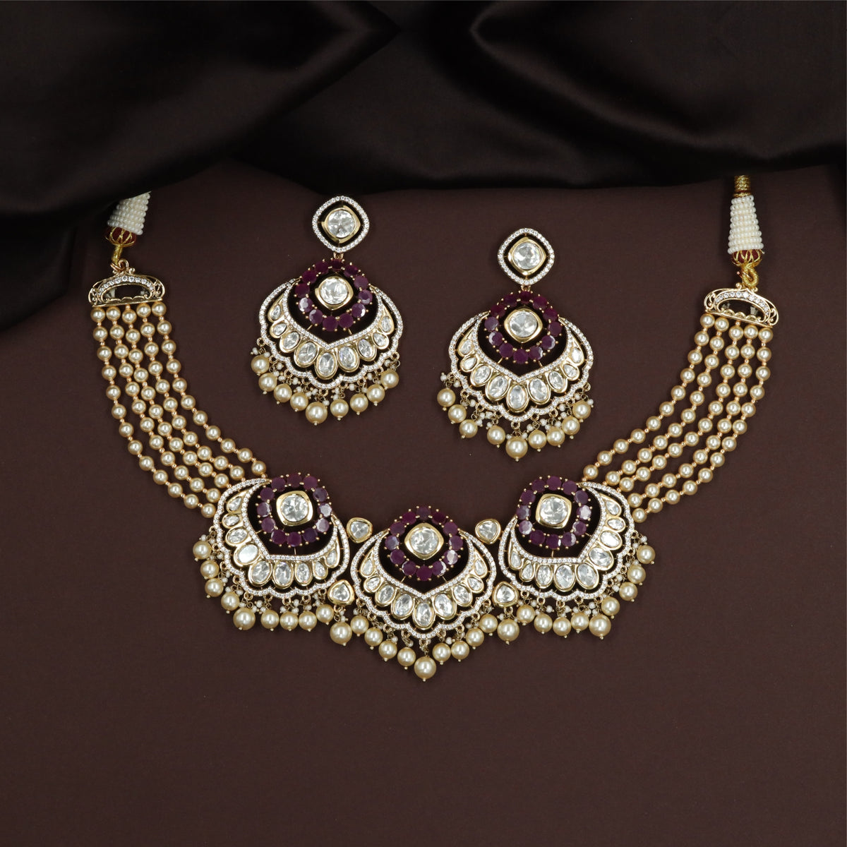 Beaded Multi Strand Kundan Pearl Choker with Scalloped Panels and Drop Accents