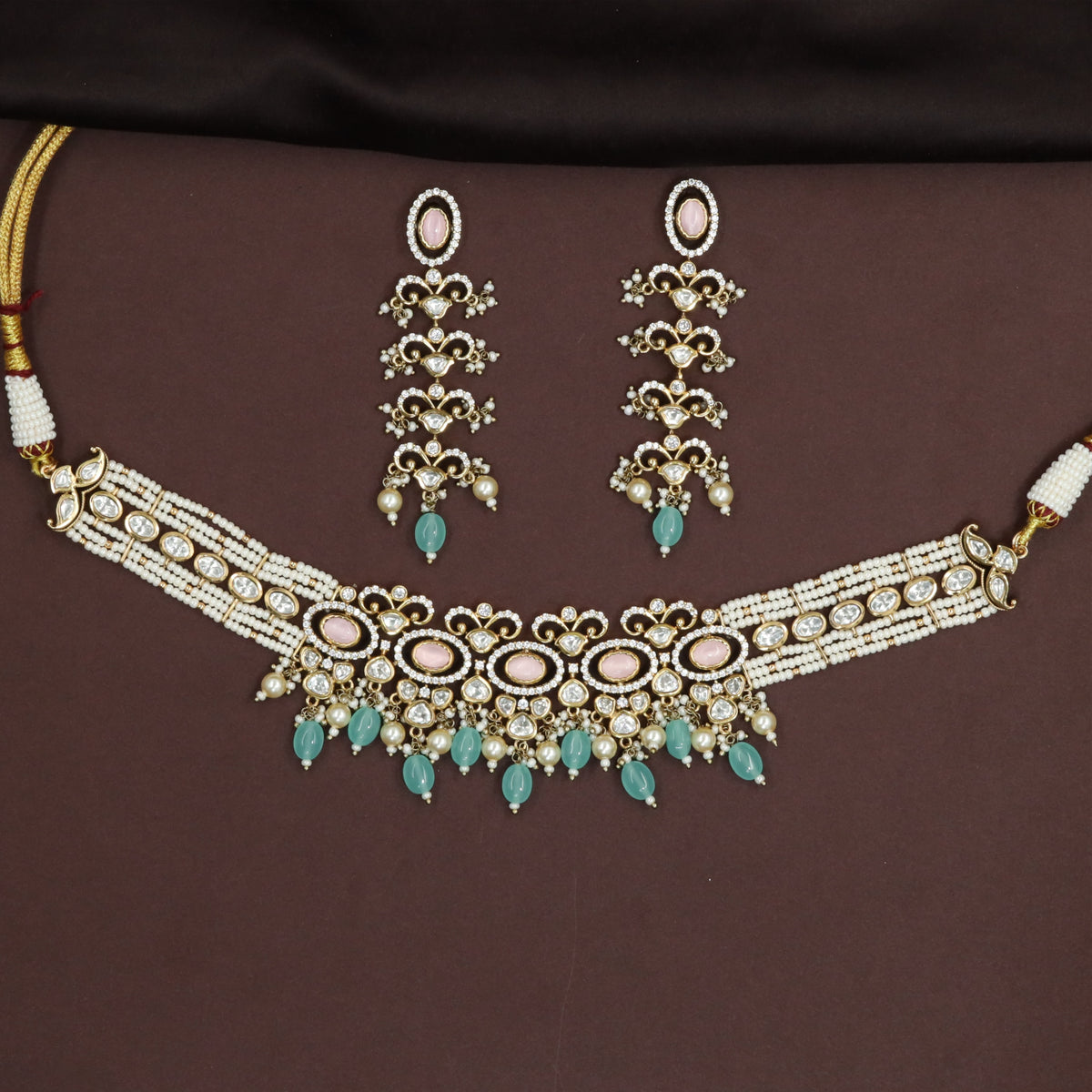 Decorative Panel Sequence Kundan Pearl Choker with Beaded Strands and Hanging Accents