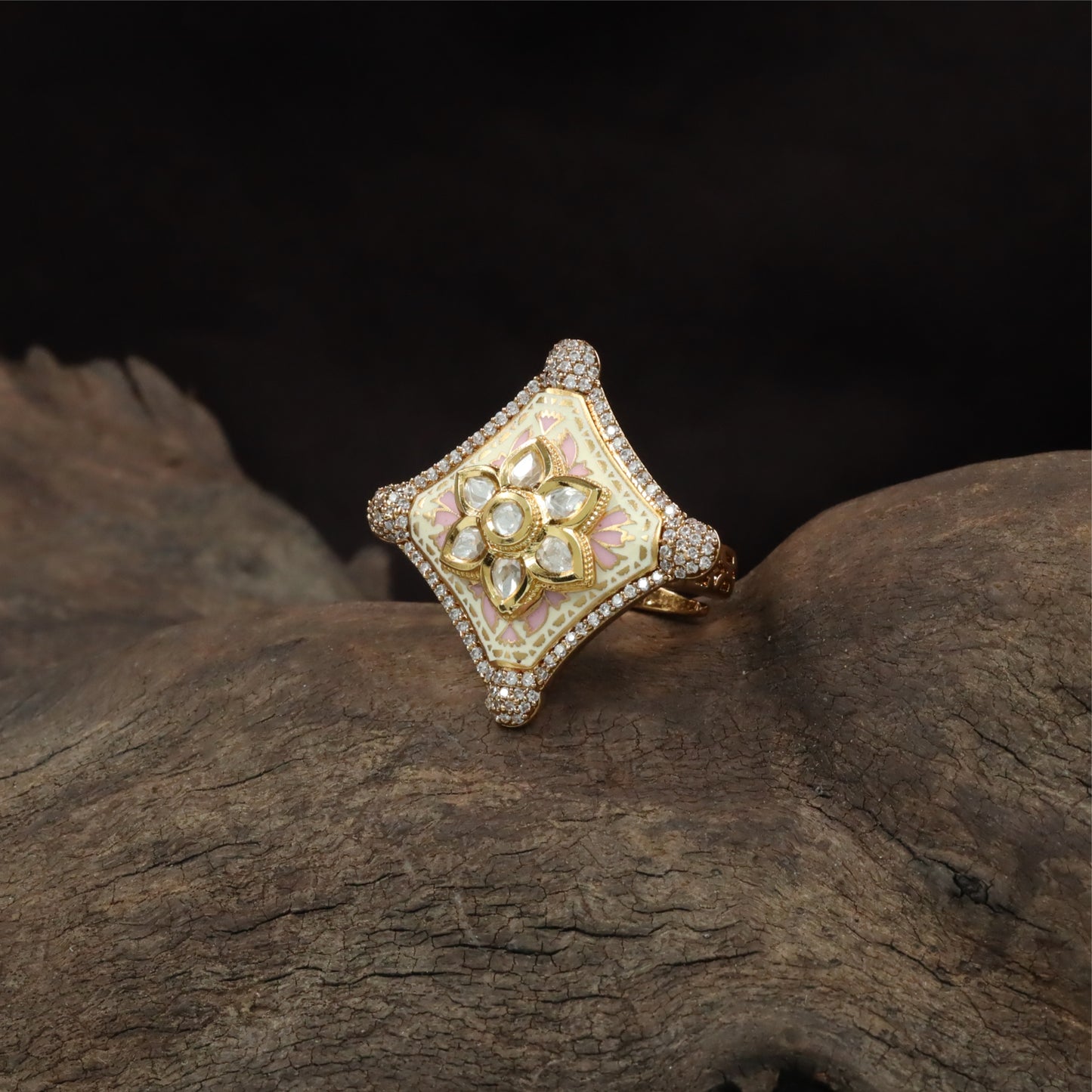 Intricate enamel kundan finger ring with square frame and central floral cluster