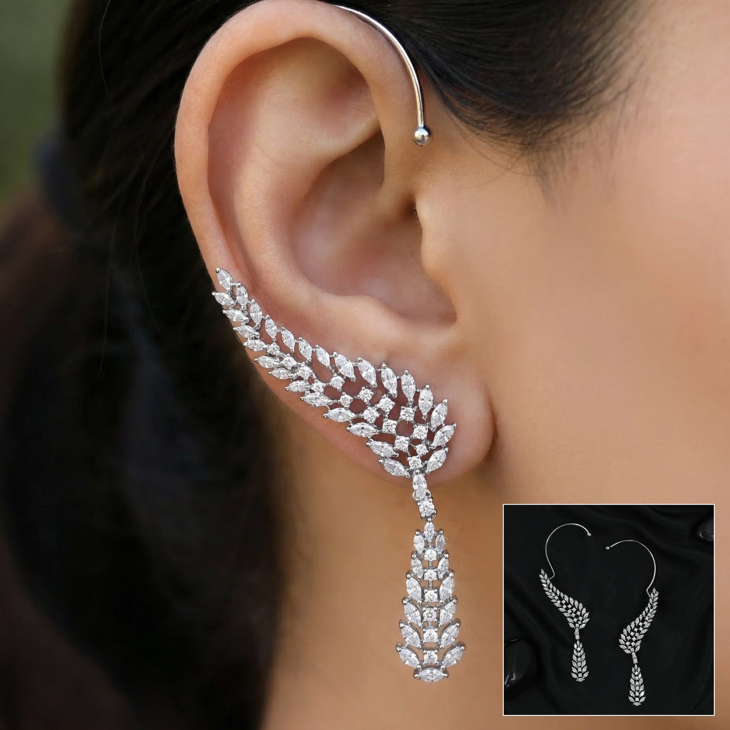 Modern Rhodium Bluethooth with Leaf Clusters and Drop Strands