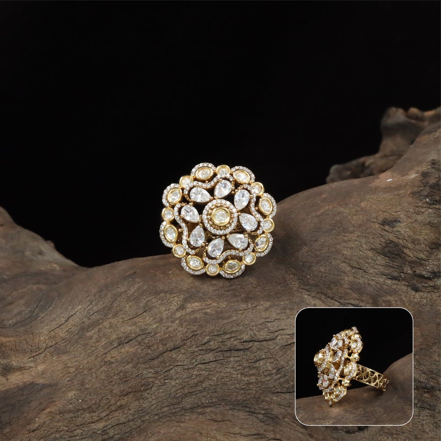 Aster bloom kundan finger ring with central round cluster and outer petal arrangement
