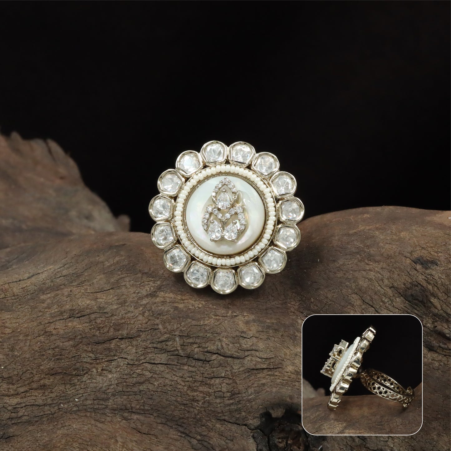 Traditional round kundan finger ring with pearl centre and carved inner frame