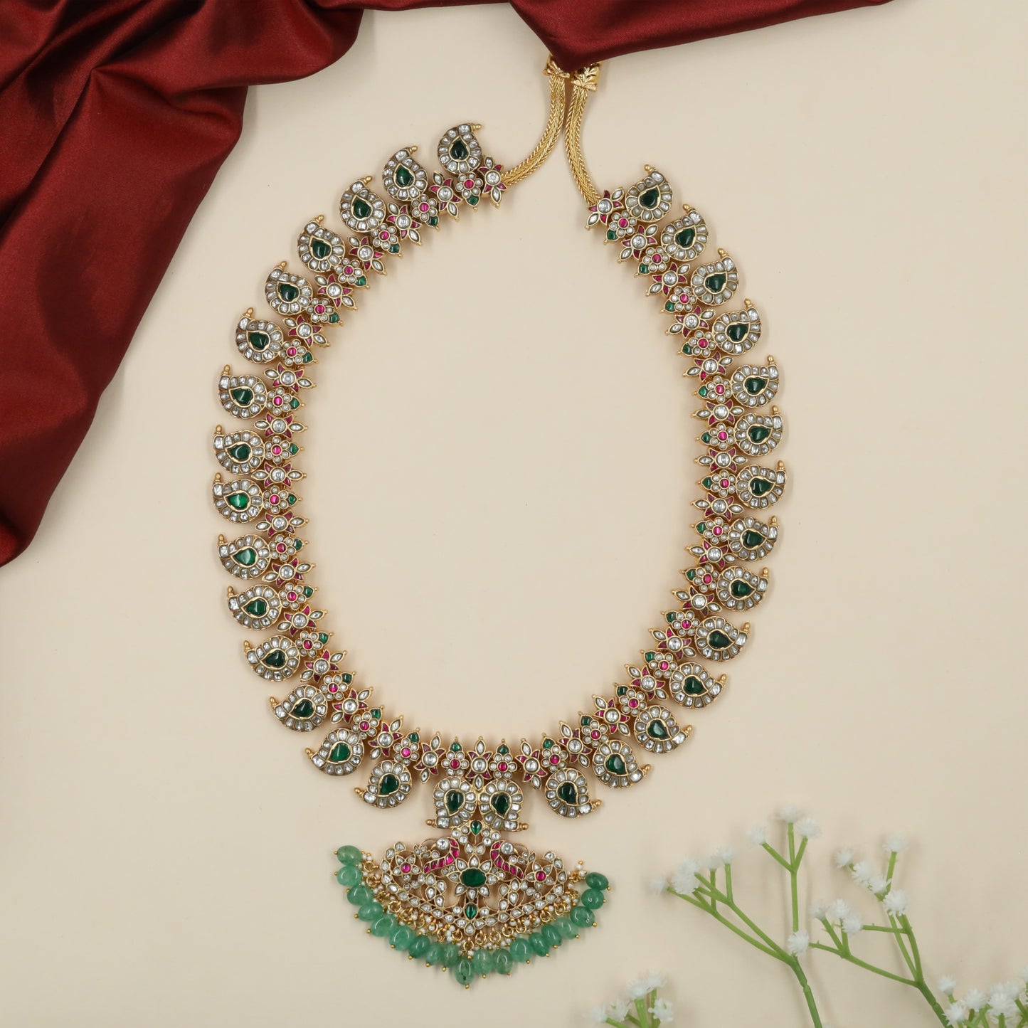 Beaded Mango Curve Jadau Long Haara with Paisley Units and Mor Detailed Pendant