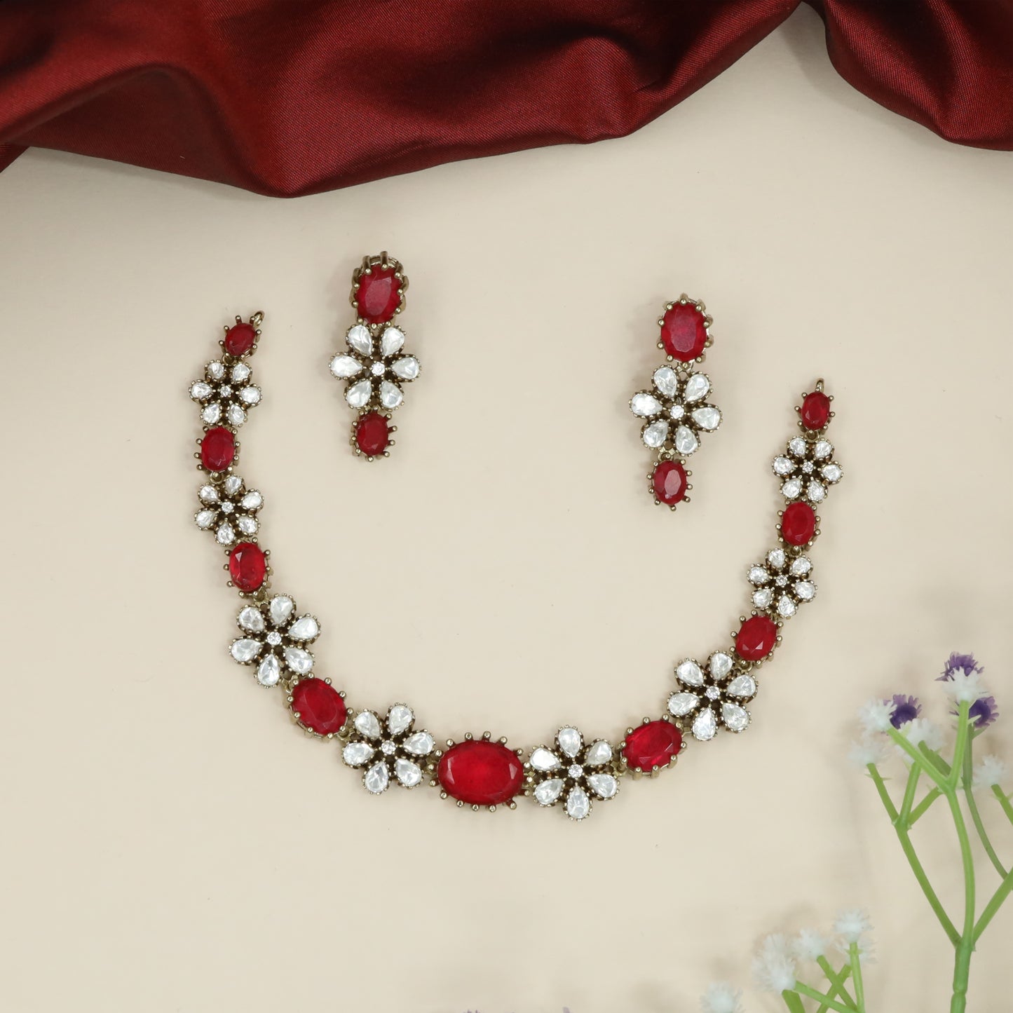 Alternating Oval Floral Victorian Necklace with Linked Flower Clusters and Oval Panels