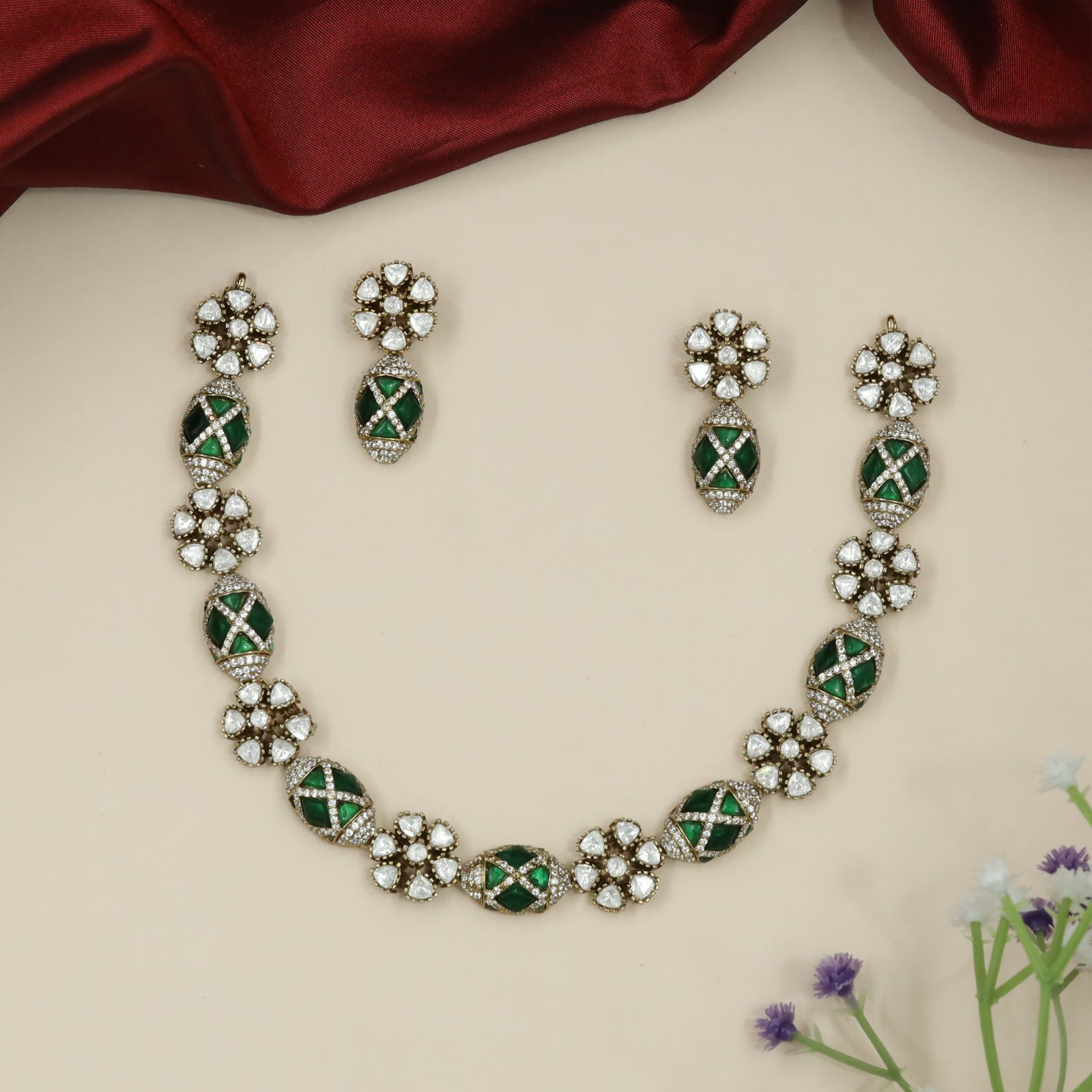Alternating Floral Victorian Necklace with Oval Panels and Cross Pattern Detailing