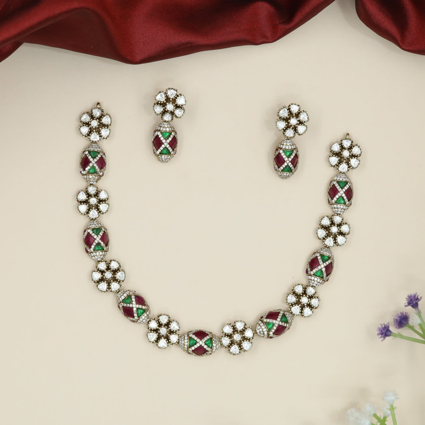 Alternating Floral Victorian Necklace with Oval Panels and Cross Pattern Detailing