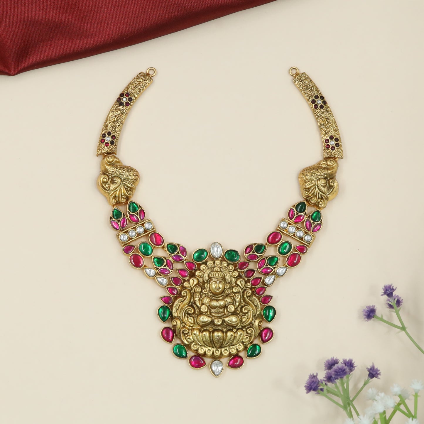 Half Collar Antique Necklace with Central Lakshmi Medallion and Sculpted Links