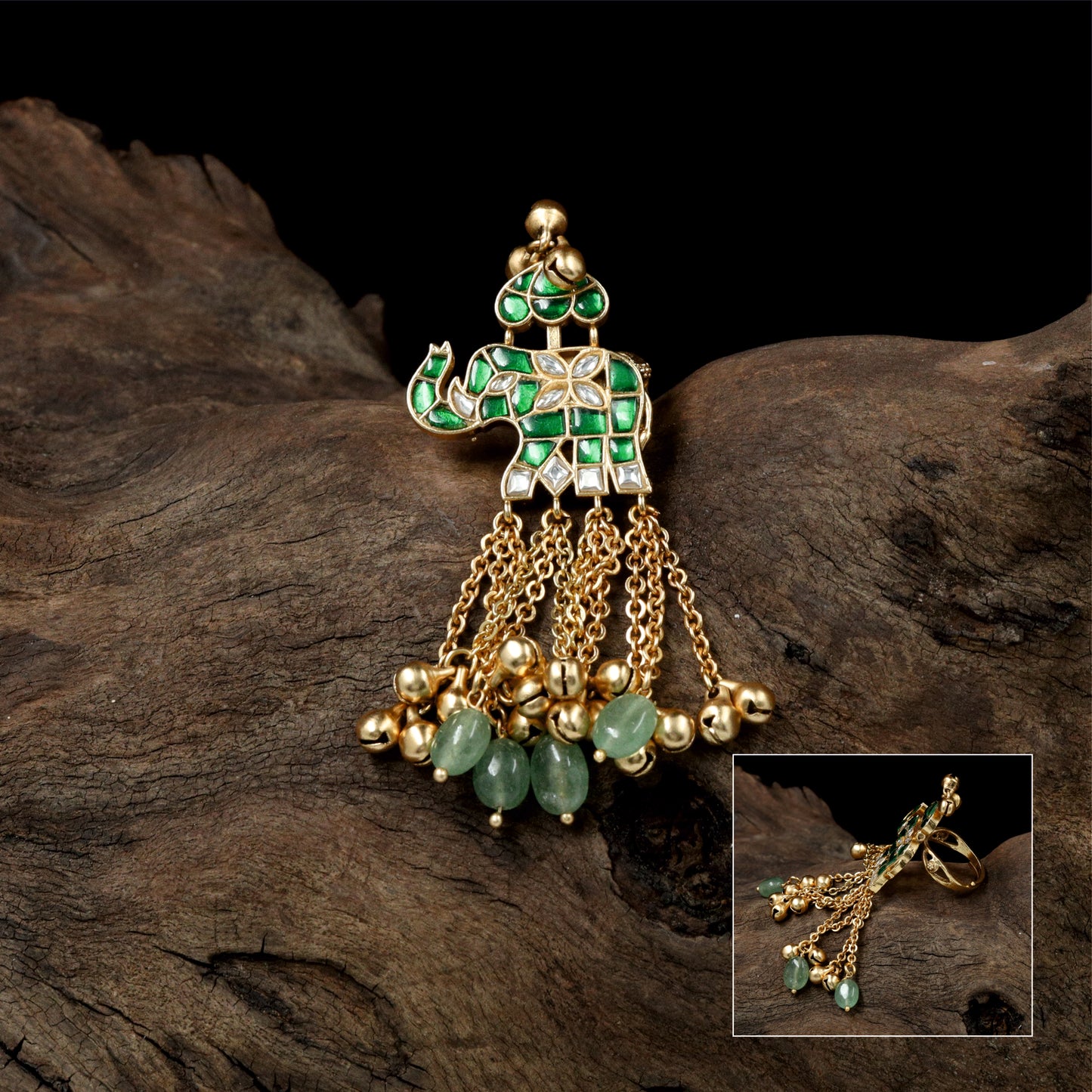 Majestic Elephant Form Jadau Finger Ring with Chain Drop Hangings