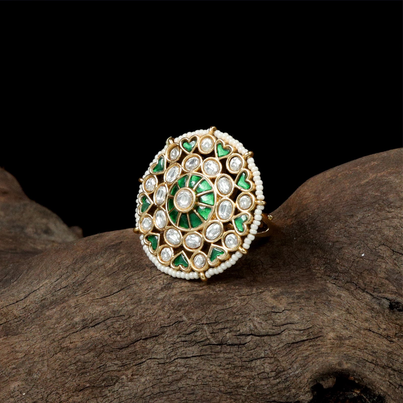 Intricate Concentric Jadau Finger Ring with Central Raised Setting